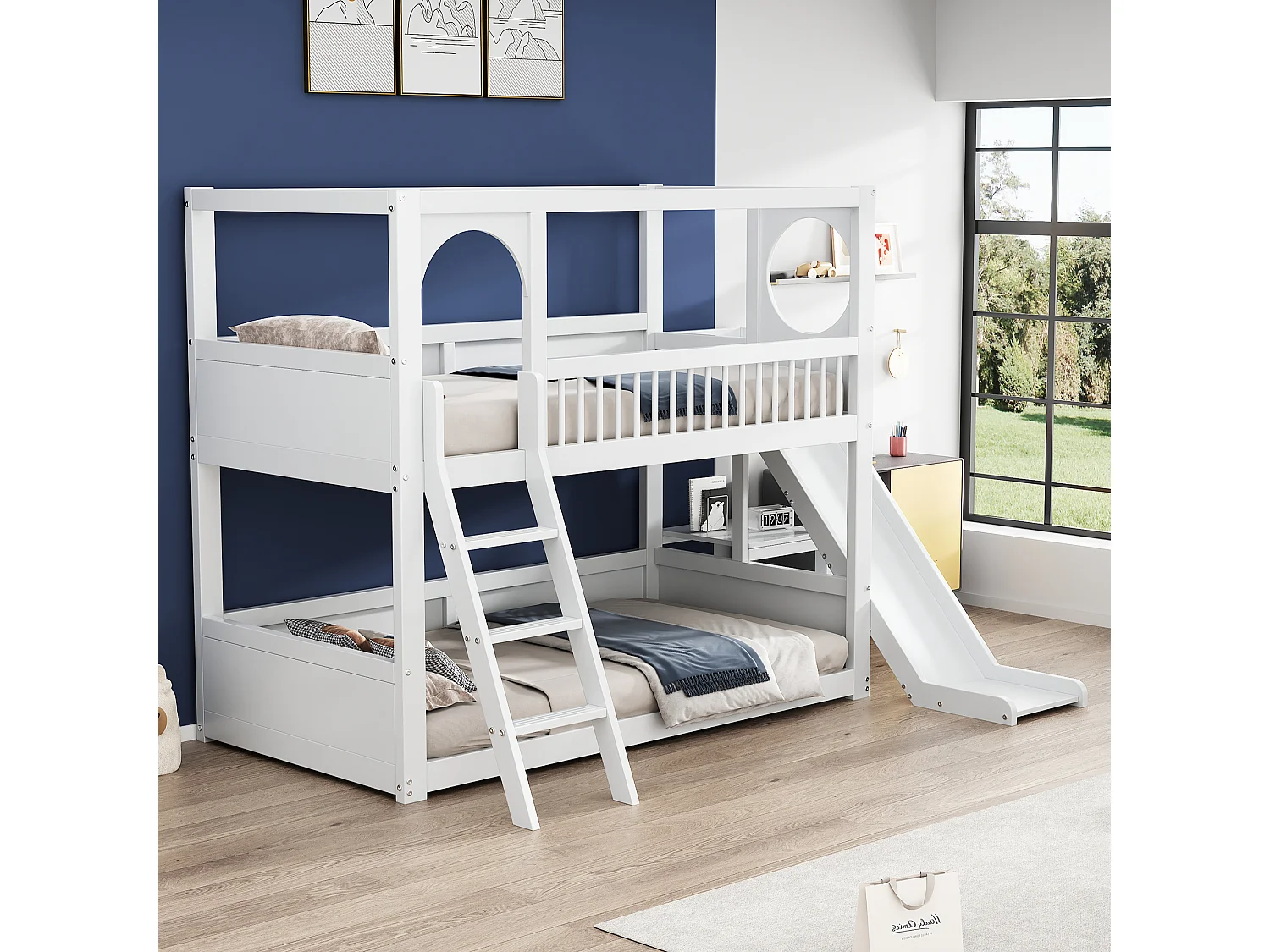 Stapelbed (2 x 90 x 200 cm) met opbergplanken, glijbaan en ladder - Grenenhout + MDF - Wit (zonder matras)