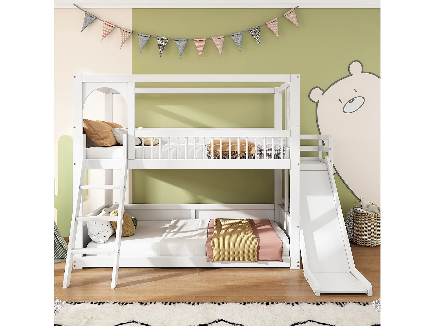 Stapelbed (2 x 90 x 200 cm) met opbergplanken, glijbaan en ladder - Grenenhout + MDF - Wit (zonder matras)