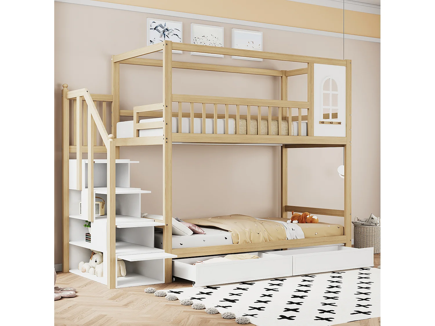 Łóżka piętrowe 2 x 90 x 200 cm z 2 szufladami, półkami i schodkami - lite drewno - naturalny + biały (bez materaca)