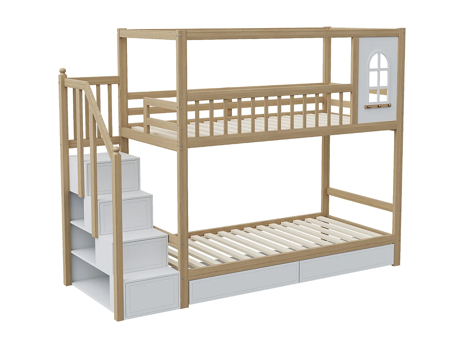 Łóżka piętrowe 2 x 90 x 200 cm z 2 szufladami, półkami i schodkami - lite drewno - naturalny + biały (bez materaca)