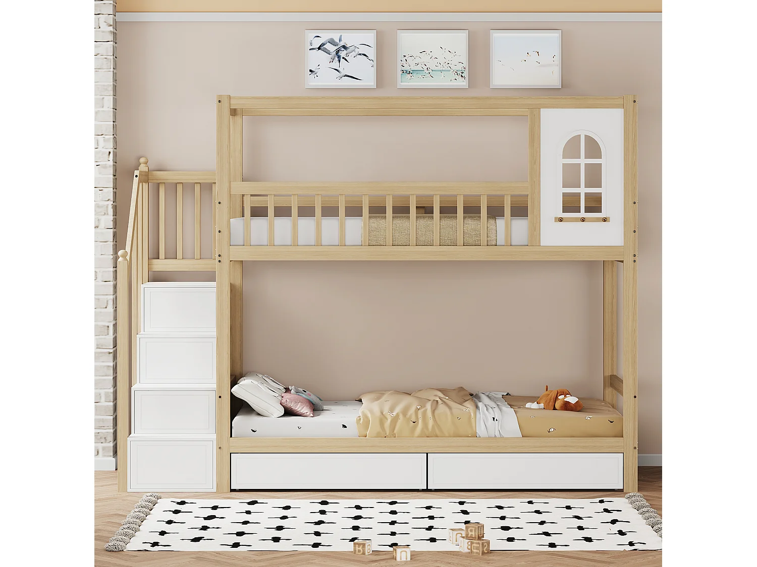 Letti a castello 2 x 90 x 200 cm con 2 cassetti, ripiani portaoggetti e scale - legno massiccio - naturale + bianco (senza materasso)
