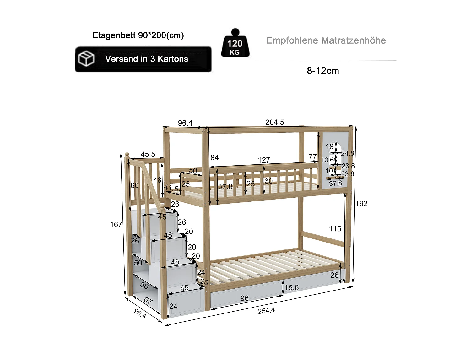 Letti a castello 2 x 90 x 200 cm con 2 cassetti, ripiani portaoggetti e scale - legno massiccio - naturale + bianco (senza materasso)