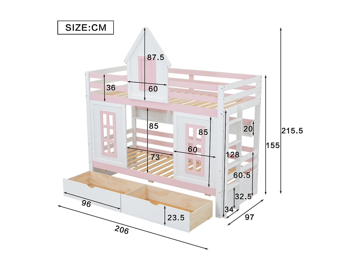Literas 2 x 90 x 200 cm con 2 cajones, ventanas y barreras de seguridad - pino + MDF - blanco + rosa (sin colchón)