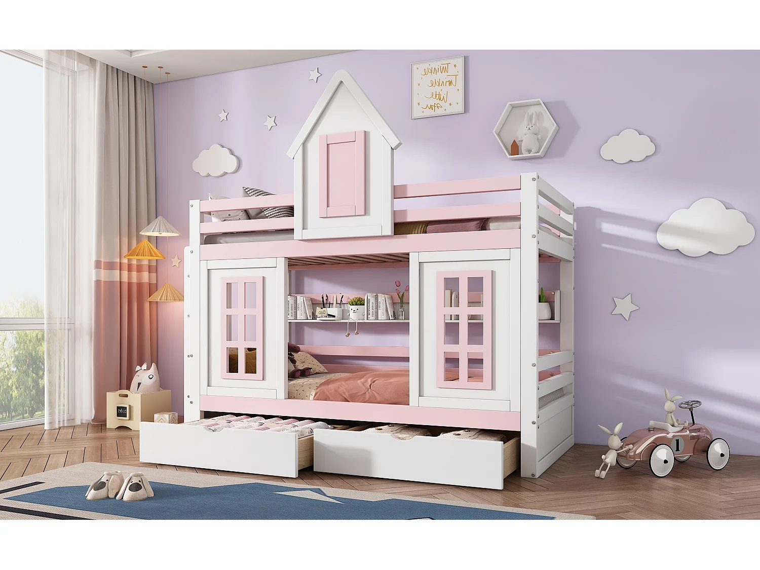 Literas 2 x 90 x 200 cm con 2 cajones, ventanas y barreras de seguridad - pino + MDF - blanco + rosa (sin colchón)