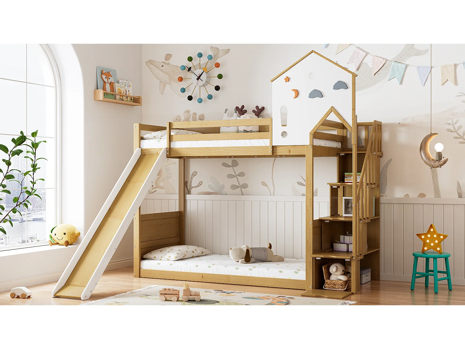 Letto a castello 2 x 90 x 200 cm con 4 cassetti, scivolo e ripiani portaoggetti - pino + MDF - bianco+naturale (senza materasso)