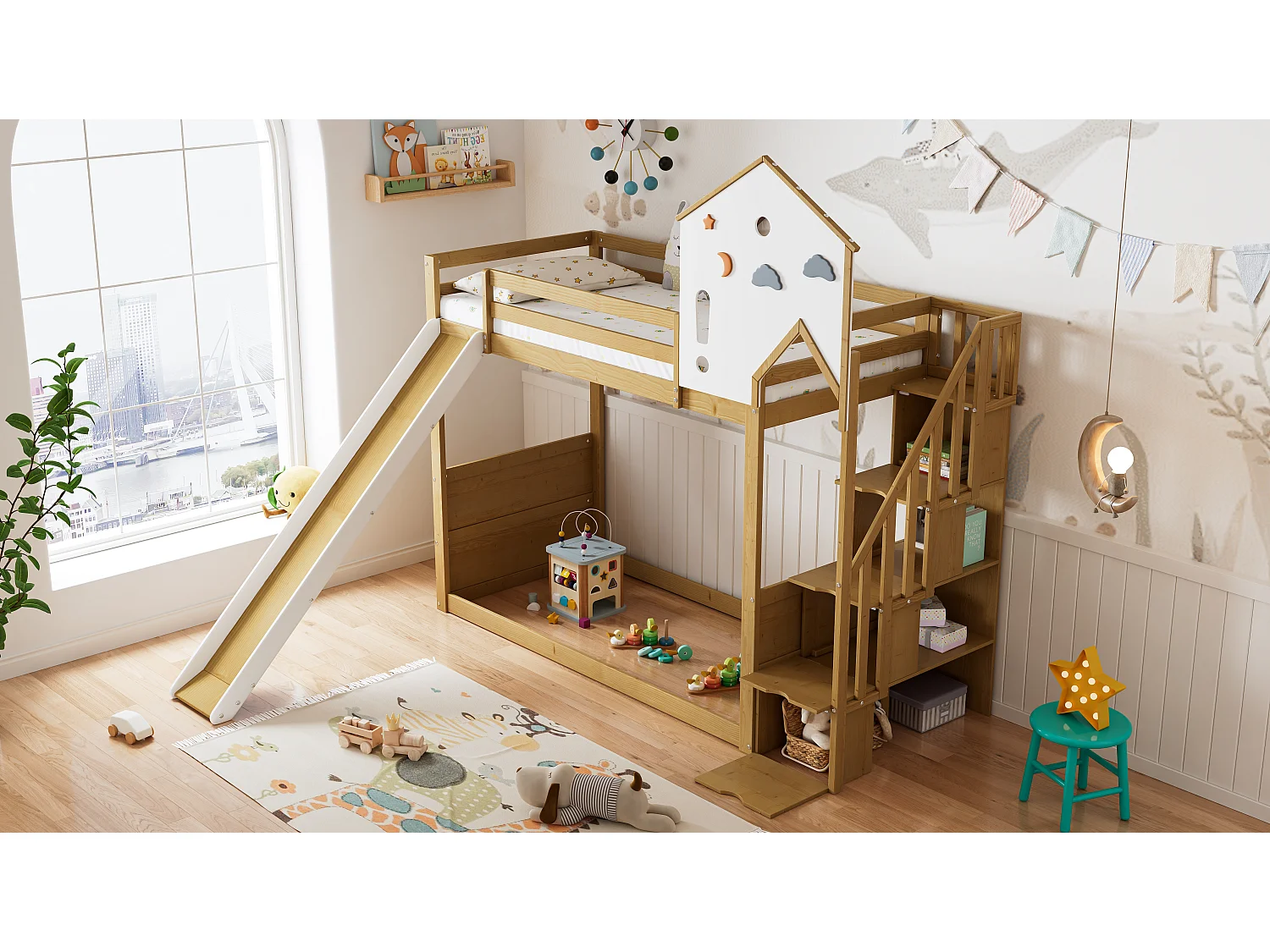 Letto a castello 2 x 90 x 200 cm con 4 cassetti, scivolo e ripiani portaoggetti - pino + MDF - bianco+naturale (senza materasso)