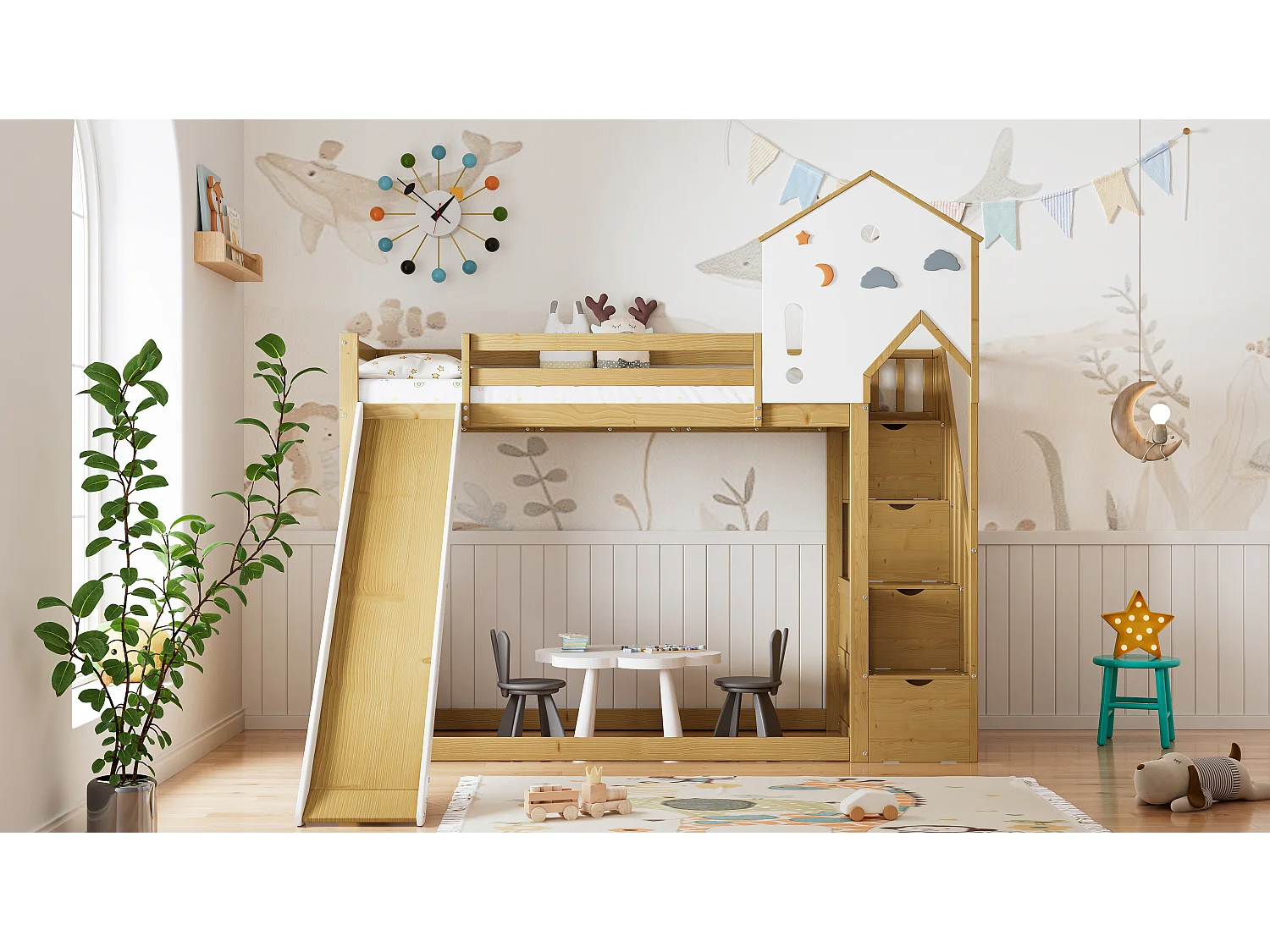 Letto a castello 2 x 90 x 200 cm con 4 cassetti, scivolo e ripiani portaoggetti - pino + MDF - bianco+naturale (senza materasso)