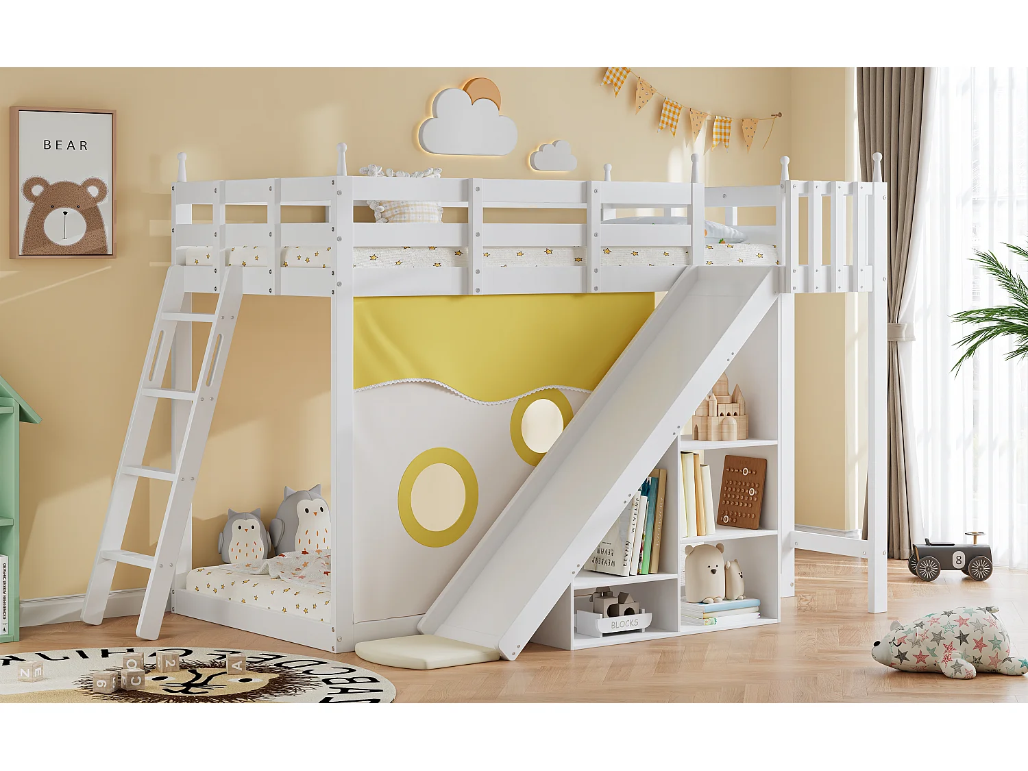 Stapelbedden 2 x 90 x 200 cm met opbergplanken, glijbaan & bedgordijn - grenen + MDF - wit (zonder matras)