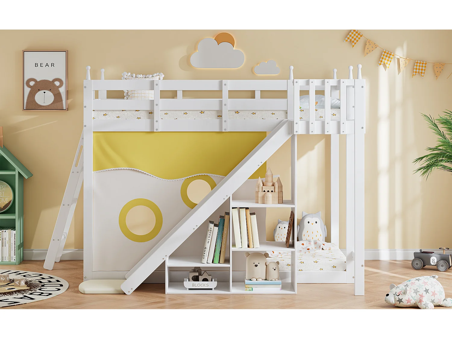 Stapelbedden 2 x 90 x 200 cm met opbergplanken, glijbaan & bedgordijn - grenen + MDF - wit (zonder matras)