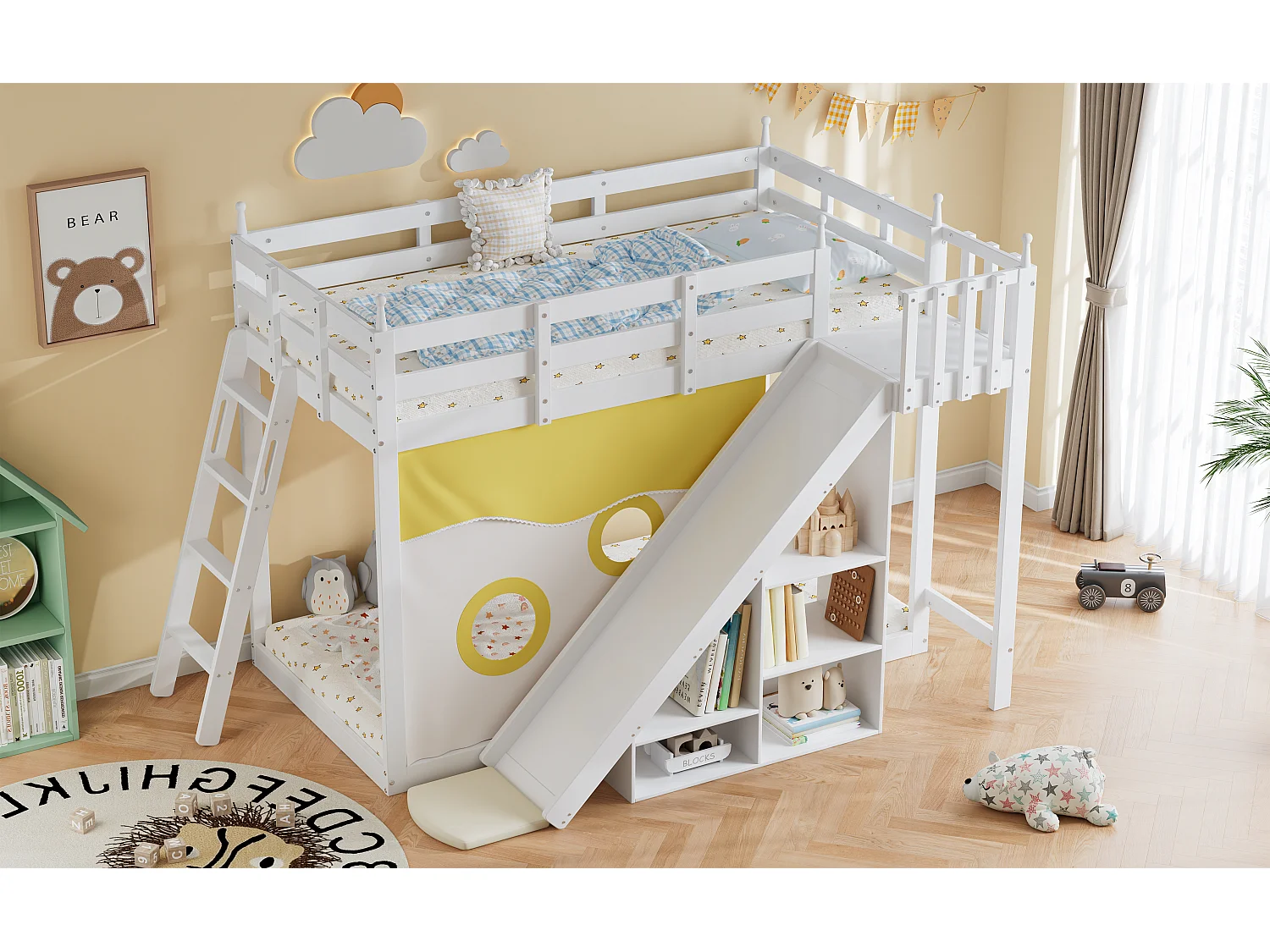 Stapelbedden 2 x 90 x 200 cm met opbergplanken, glijbaan & bedgordijn - grenen + MDF - wit (zonder matras)