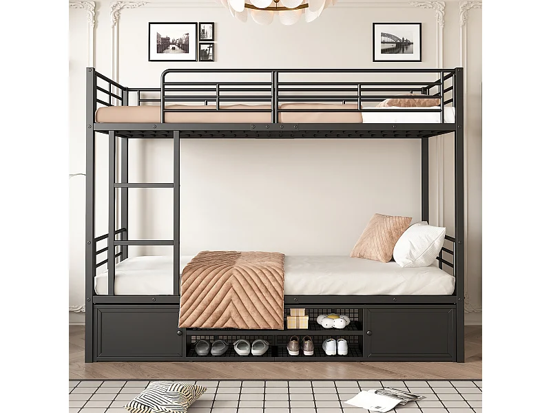 Lits superposés en métal 2 x 90 x 200 cm avec 2 portes et meuble à chaussures ouvert - noir (sans matelas)