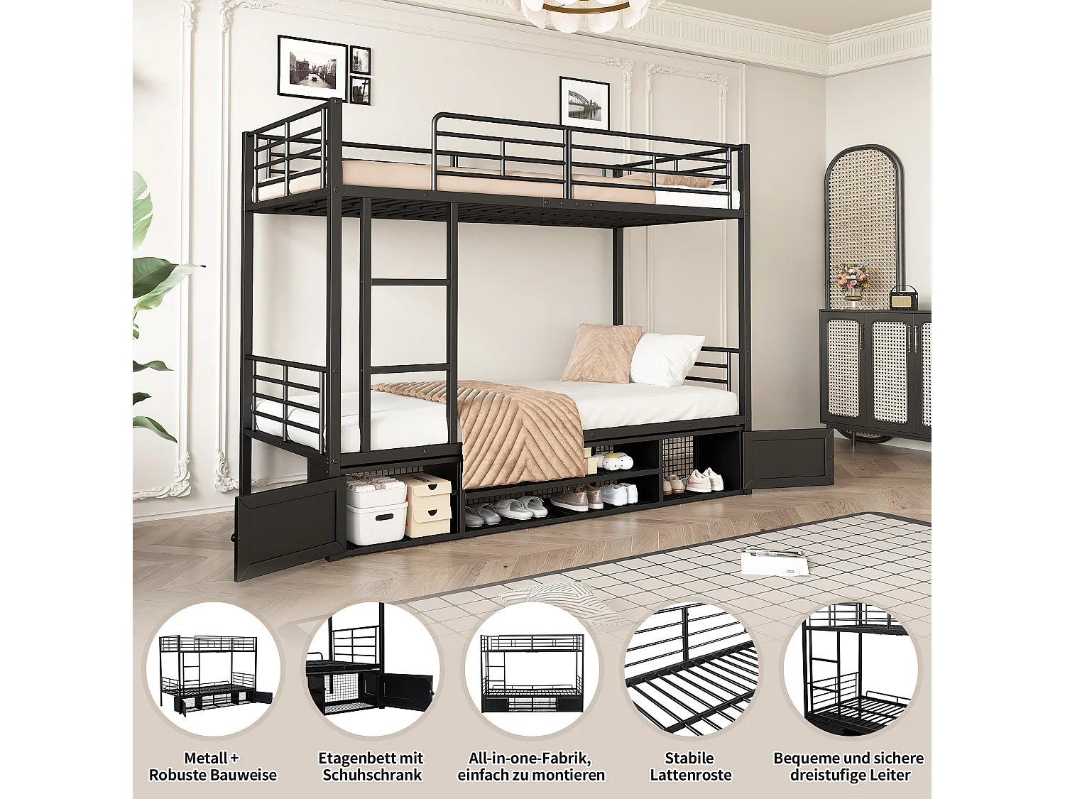 Lits superposés en métal 2 x 90 x 200 cm avec 2 portes et meuble à chaussures ouvert - noir (sans matelas)