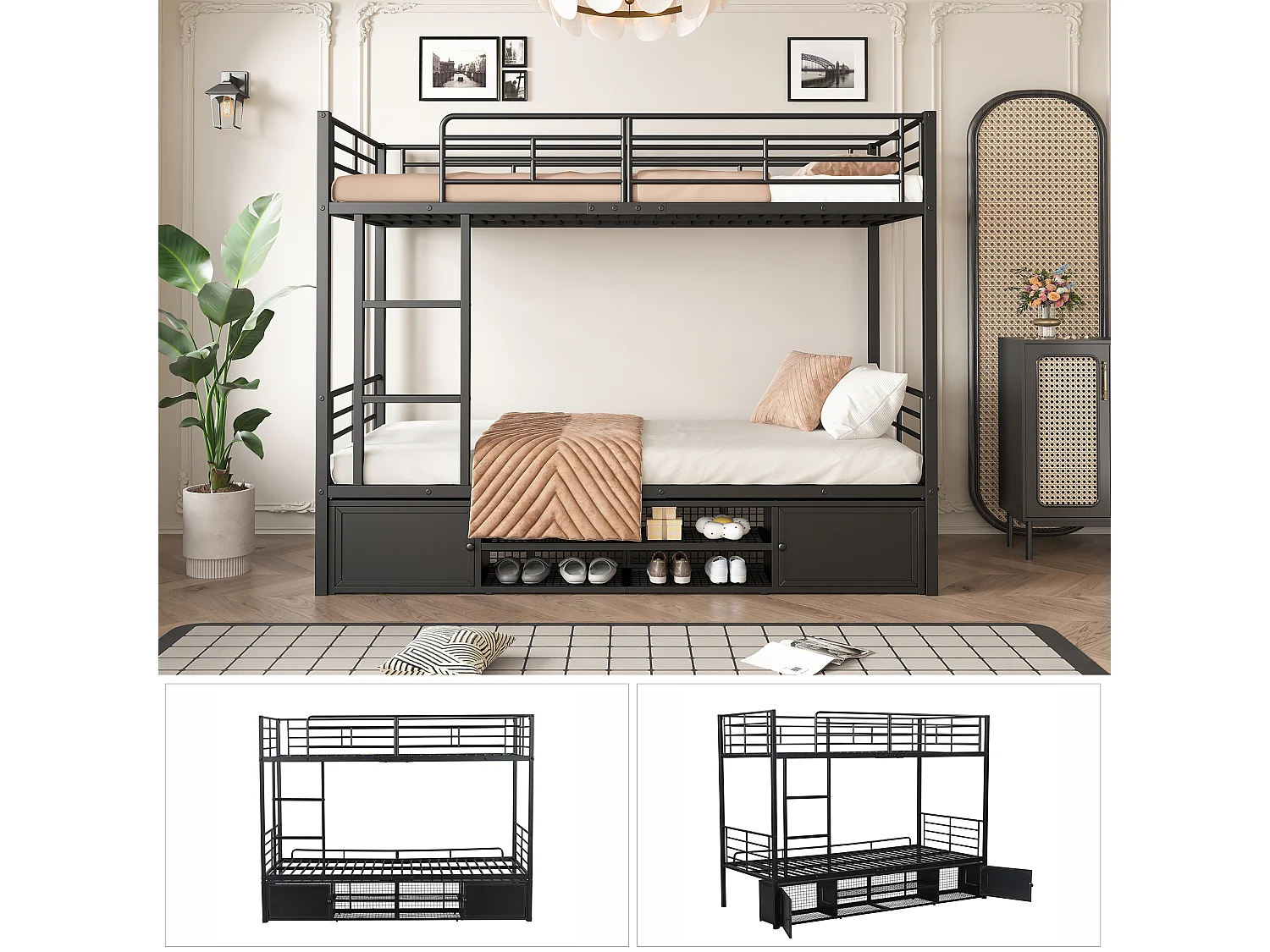 Lits superposés en métal 2 x 90 x 200 cm avec 2 portes et meuble à chaussures ouvert - noir (sans matelas)