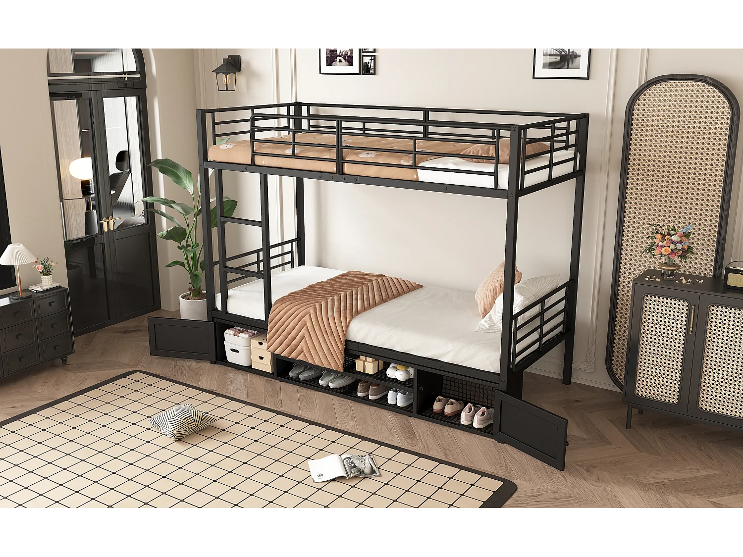 Lits superposés en métal 2 x 90 x 200 cm avec 2 portes et meuble à chaussures ouvert - noir (sans matelas)