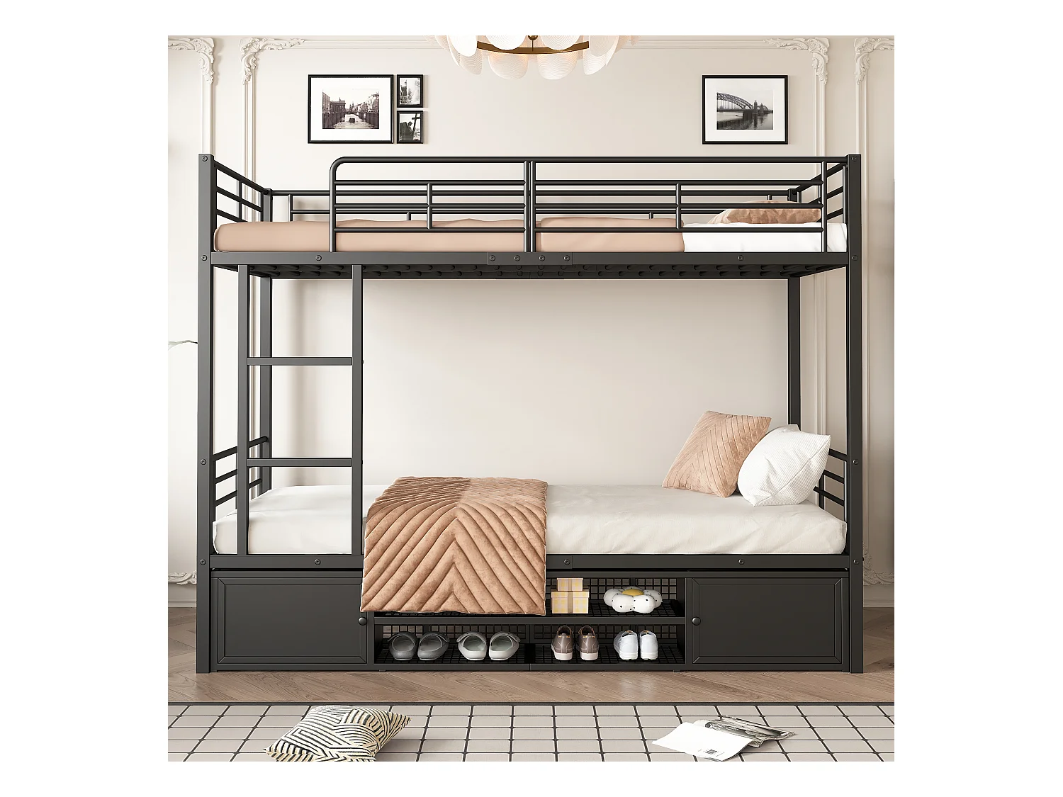 Metalen stapelbedden 2 x 90 x 200 cm met 2 deuren en open schoenenkast - zwart (zonder matras)