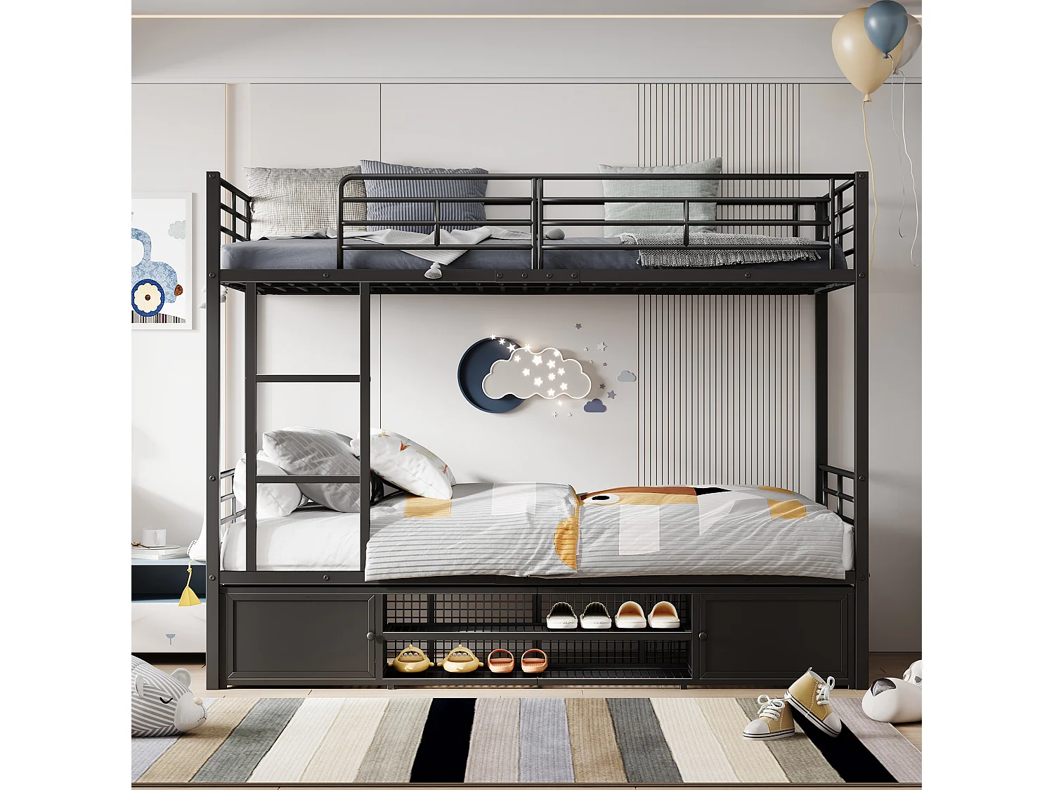 Metalen stapelbedden 2 x 90 x 200 cm met 2 deuren en open schoenenkast - zwart (zonder matras)