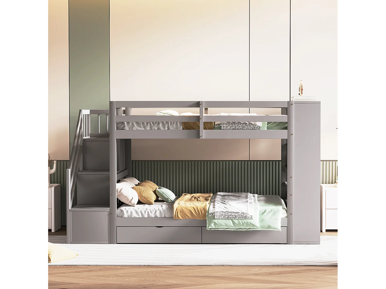 Lits superposés 2 x 90 x 200 cm avec 2 tiroirs et grands casiers & escalier - bois de pin + MDF - gris (sans matelas)