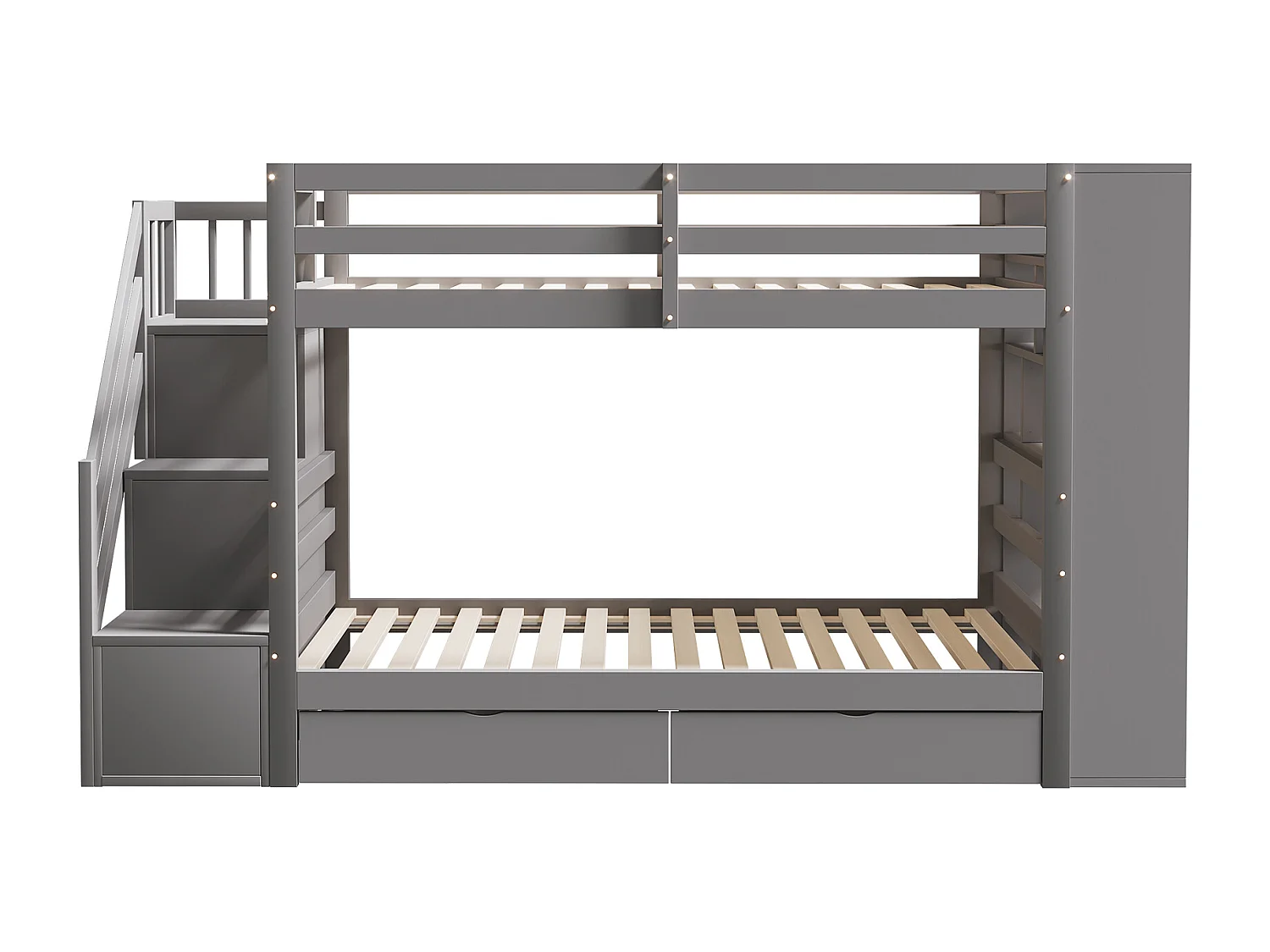 Lits superposés 2 x 90 x 200 cm avec 2 tiroirs et grands casiers & escalier - bois de pin + MDF - gris (sans matelas)