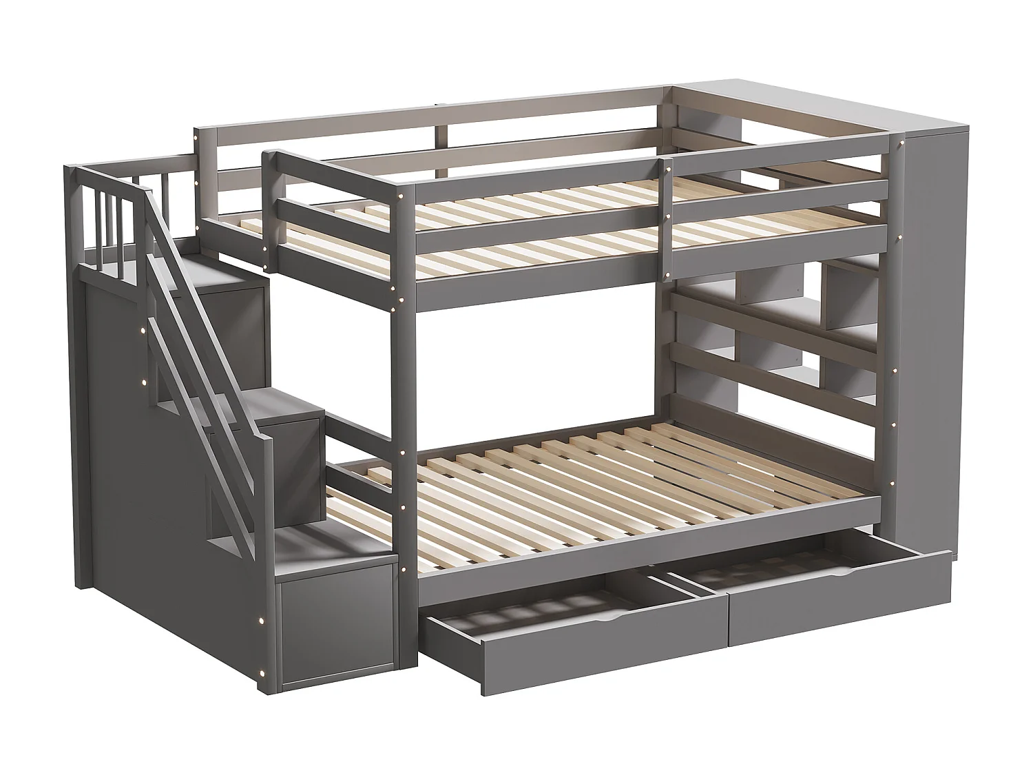 Lits superposés 2 x 90 x 200 cm avec 2 tiroirs et grands casiers & escalier - bois de pin + MDF - gris (sans matelas)