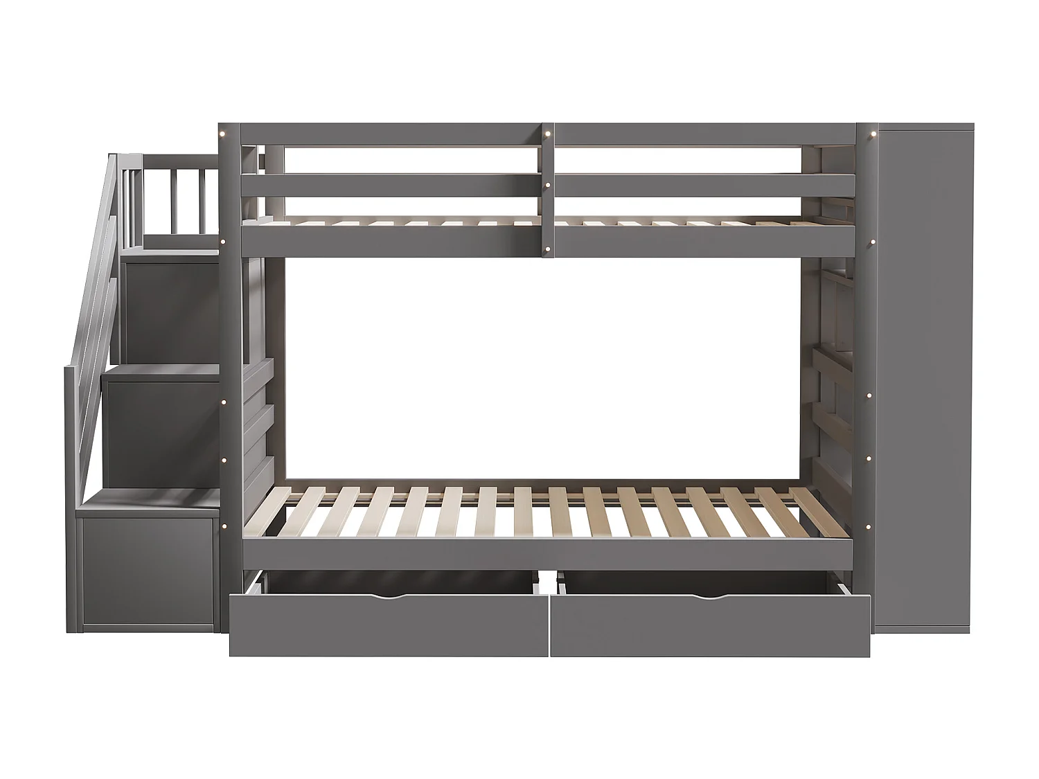 Lits superposés 2 x 90 x 200 cm avec 2 tiroirs et grands casiers & escalier - bois de pin + MDF - gris (sans matelas)
