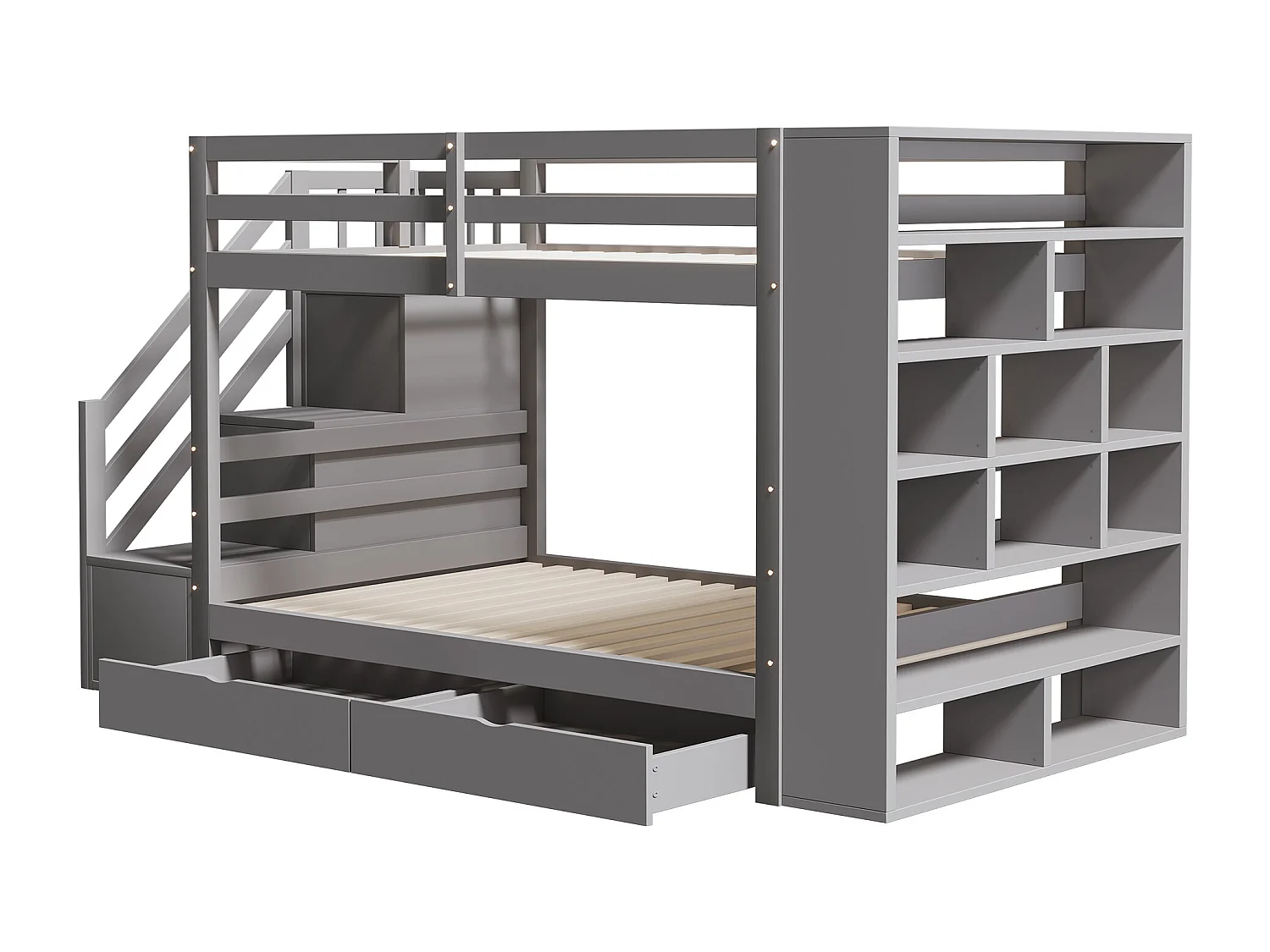 Lits superposés 2 x 90 x 200 cm avec 2 tiroirs et grands casiers & escalier - bois de pin + MDF - gris (sans matelas)