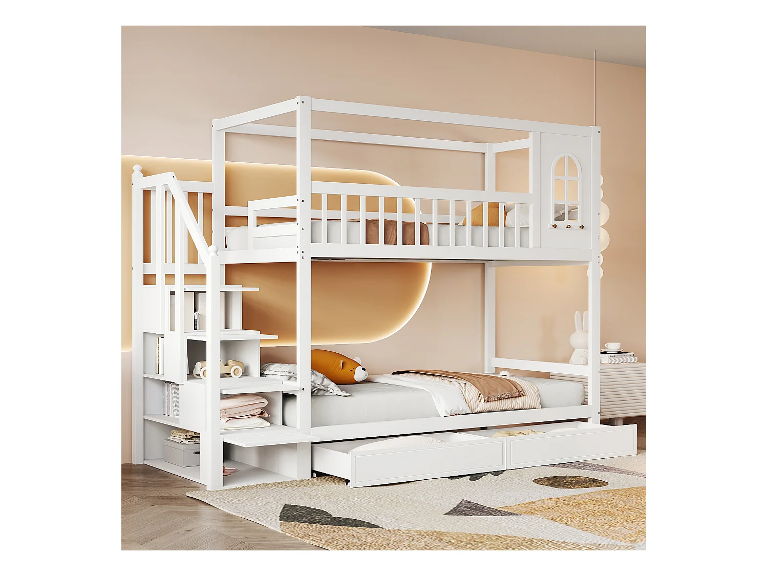 Etagenbett 2 x 90 x 200 cm mit 2 Schubladen, Lagerregalen & Treppe – Massivholz – weiß (ohne Matratze)