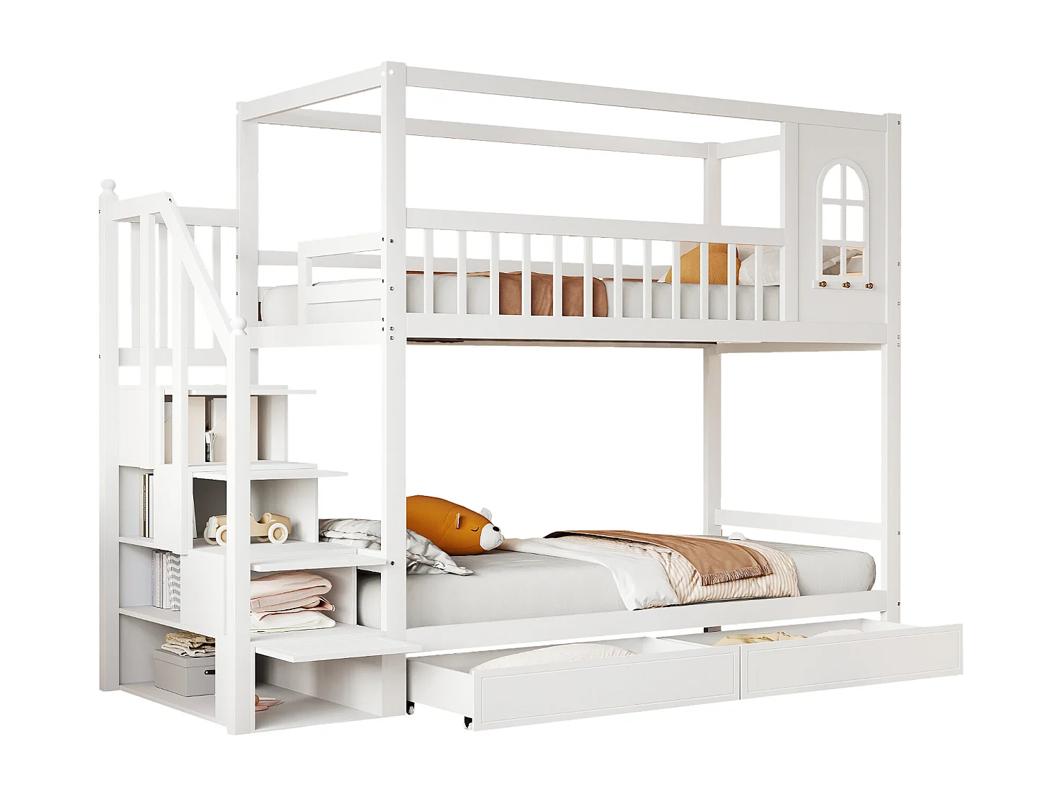 Lits superposés 2 x 90 x 200 cm avec 2 tiroirs, étaères de rangement & escalier - bois massif - blanc (sans matelas)