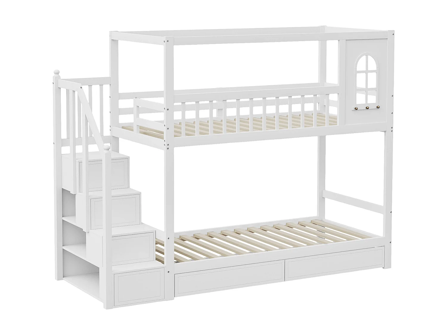 Lits superposés 2 x 90 x 200 cm avec 2 tiroirs, étaères de rangement & escalier - bois massif - blanc (sans matelas)