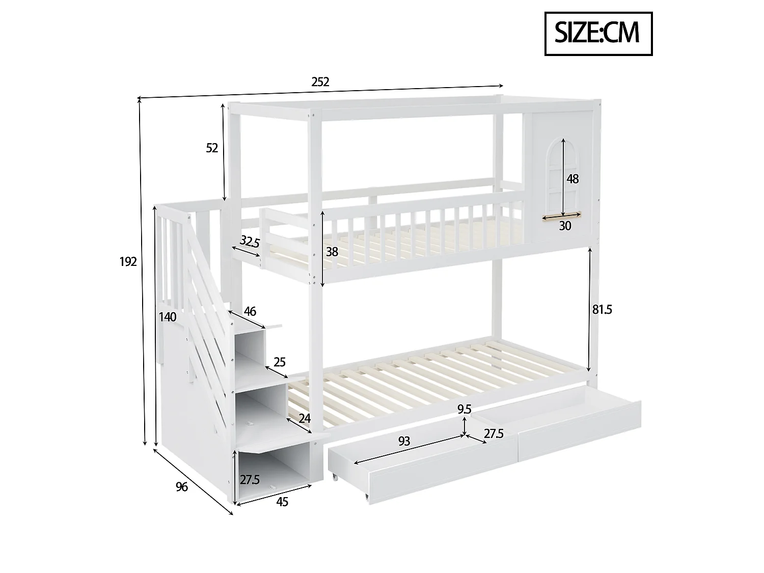 Stapelbedden 2 x 90 x 200 cm met 2 laden, opbergplanken & trap - massief hout - wit (zonder matras)