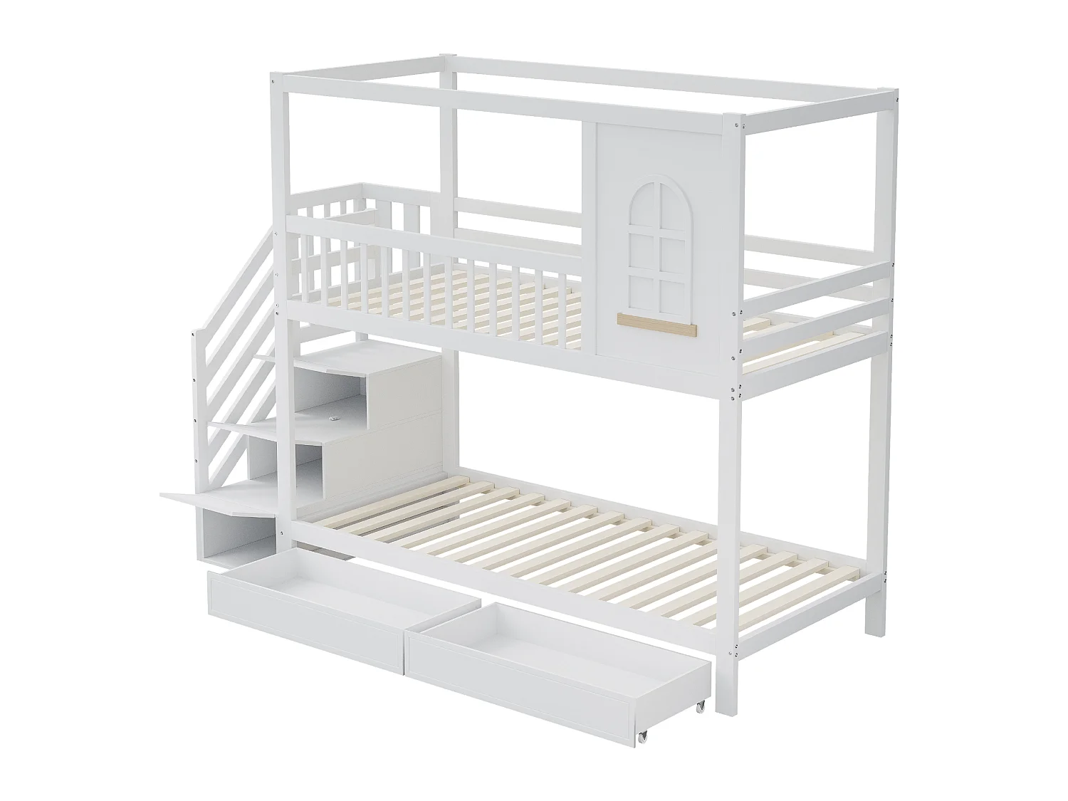 Stapelbedden 2 x 90 x 200 cm met 2 laden, opbergplanken & trap - massief hout - wit (zonder matras)