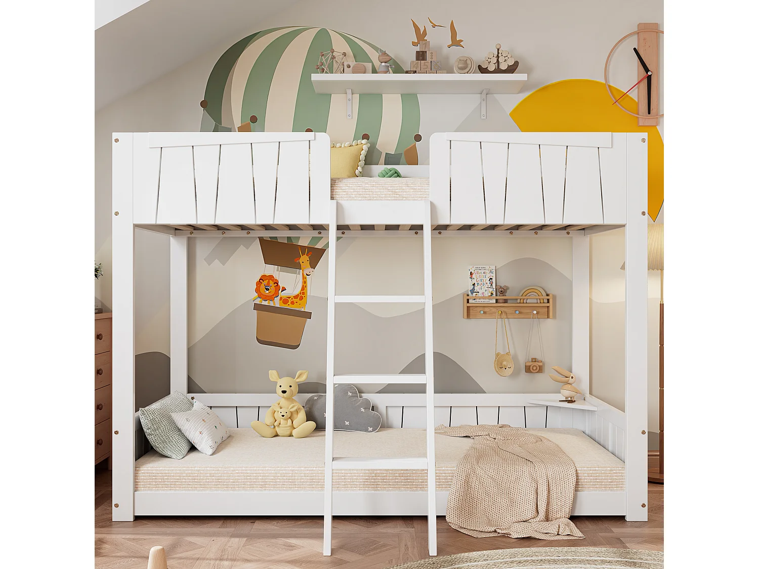 Stapelbedden 2 x 90 x 200 cm met ladder en veiligheidsbarrières - grenen + MDF - wit (zonder matras)