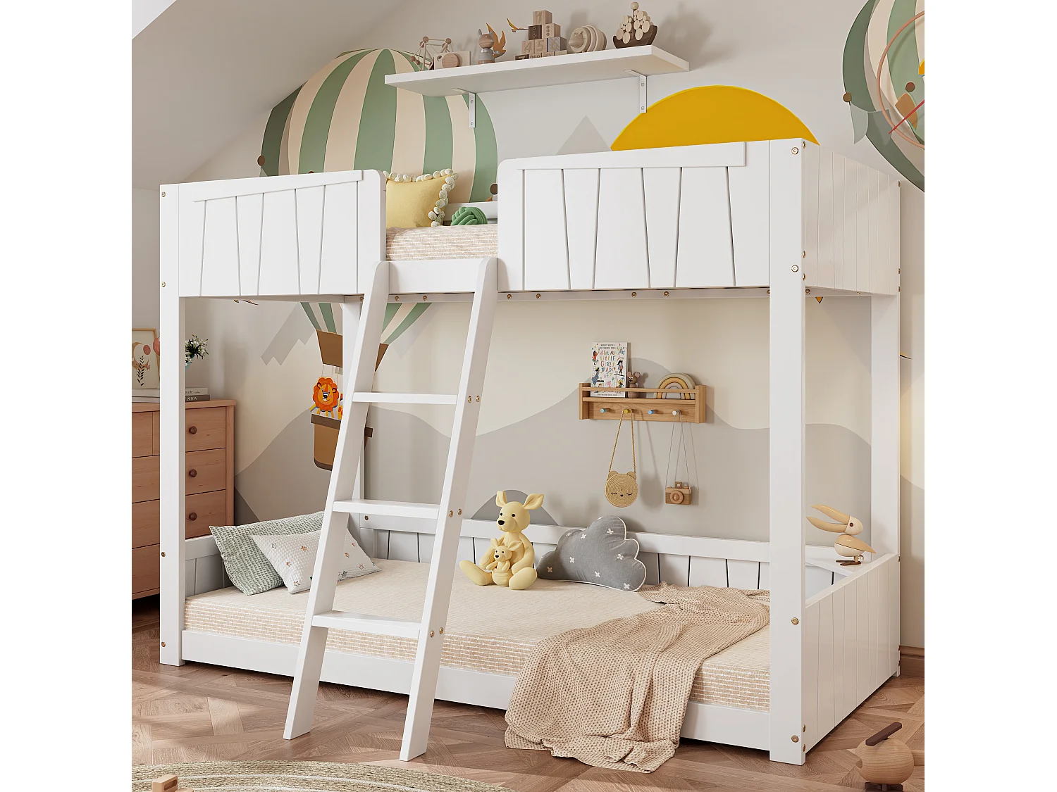 Stapelbedden 2 x 90 x 200 cm met ladder en veiligheidsbarrières - grenen + MDF - wit (zonder matras)