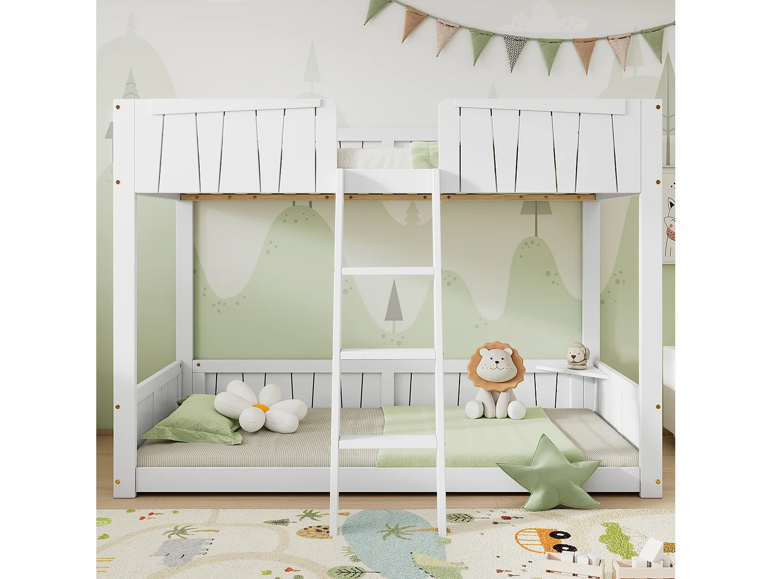 Stapelbedden 2 x 90 x 200 cm met ladder en veiligheidsbarrières - grenen + MDF - wit (zonder matras)