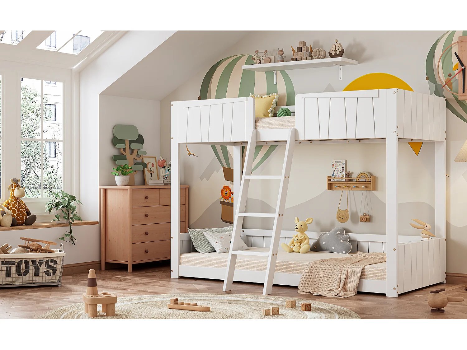 Stapelbedden 2 x 90 x 200 cm met ladder en veiligheidsbarrières - grenen + MDF - wit (zonder matras)