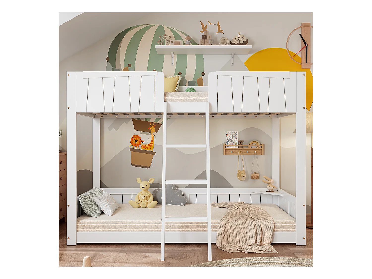 Stapelbedden 2 x 90 x 200 cm met ladder en veiligheidsbarrières - grenen + MDF - wit (zonder matras)