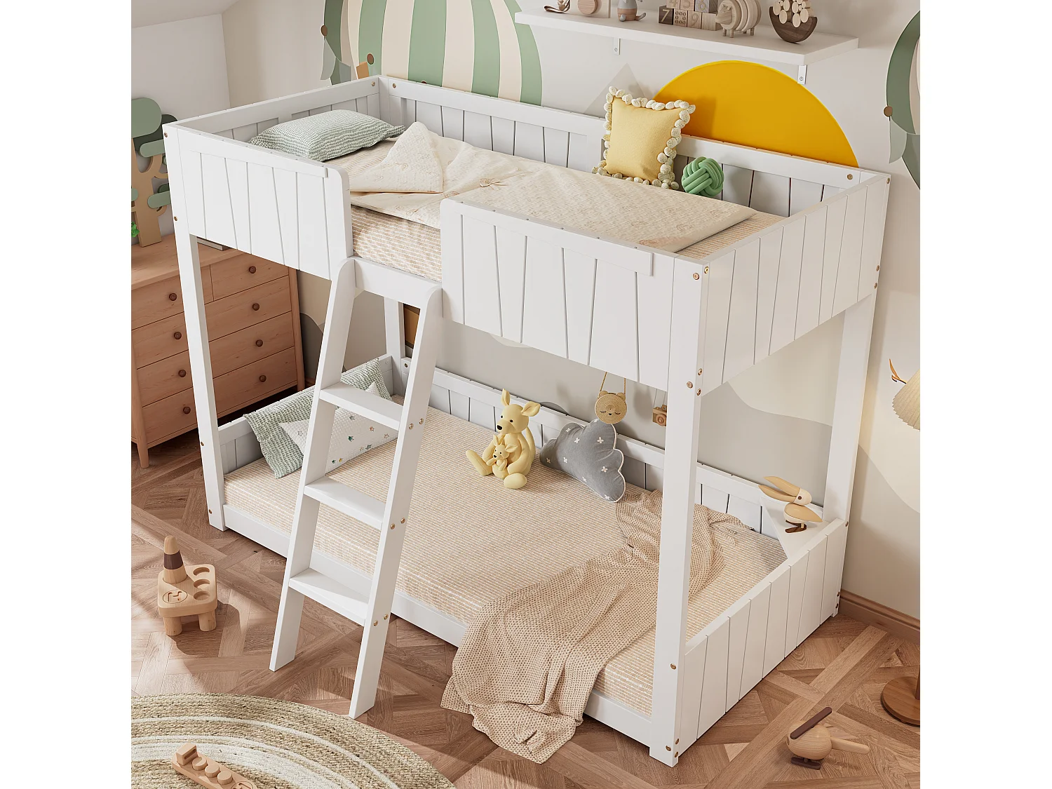 Stapelbedden 2 x 90 x 200 cm met ladder en veiligheidsbarrières - grenen + MDF - wit (zonder matras)