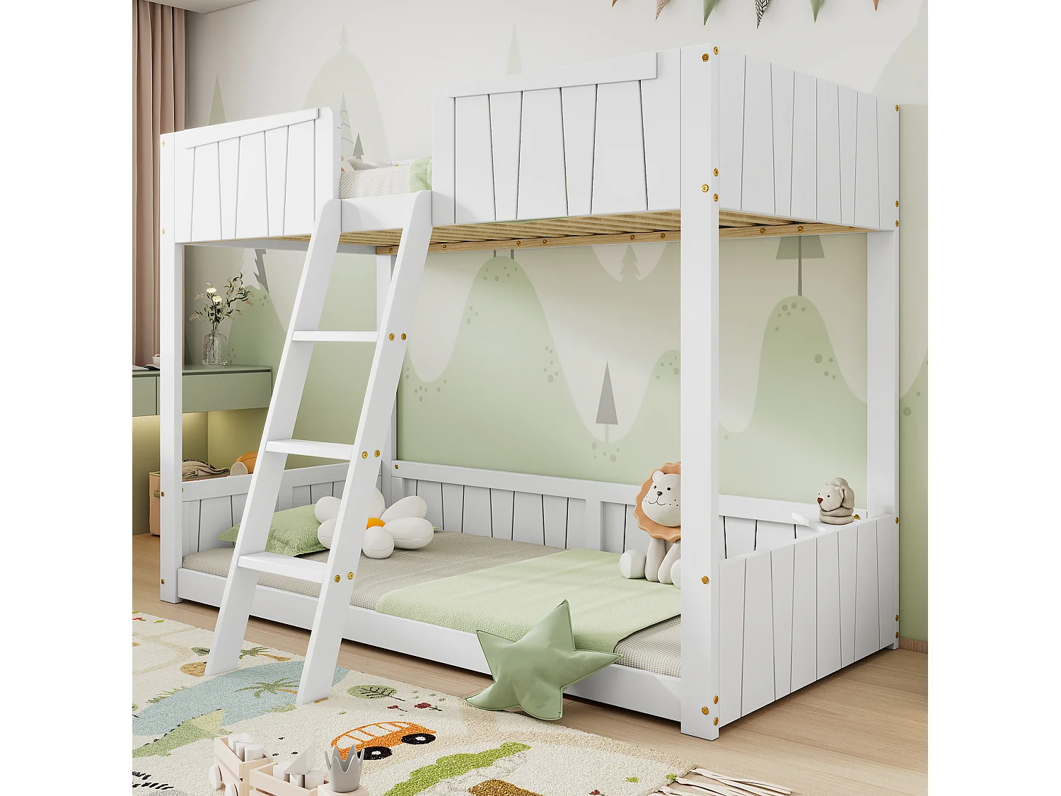 Stapelbedden 2 x 90 x 200 cm met ladder en veiligheidsbarrières - grenen + MDF - wit (zonder matras)