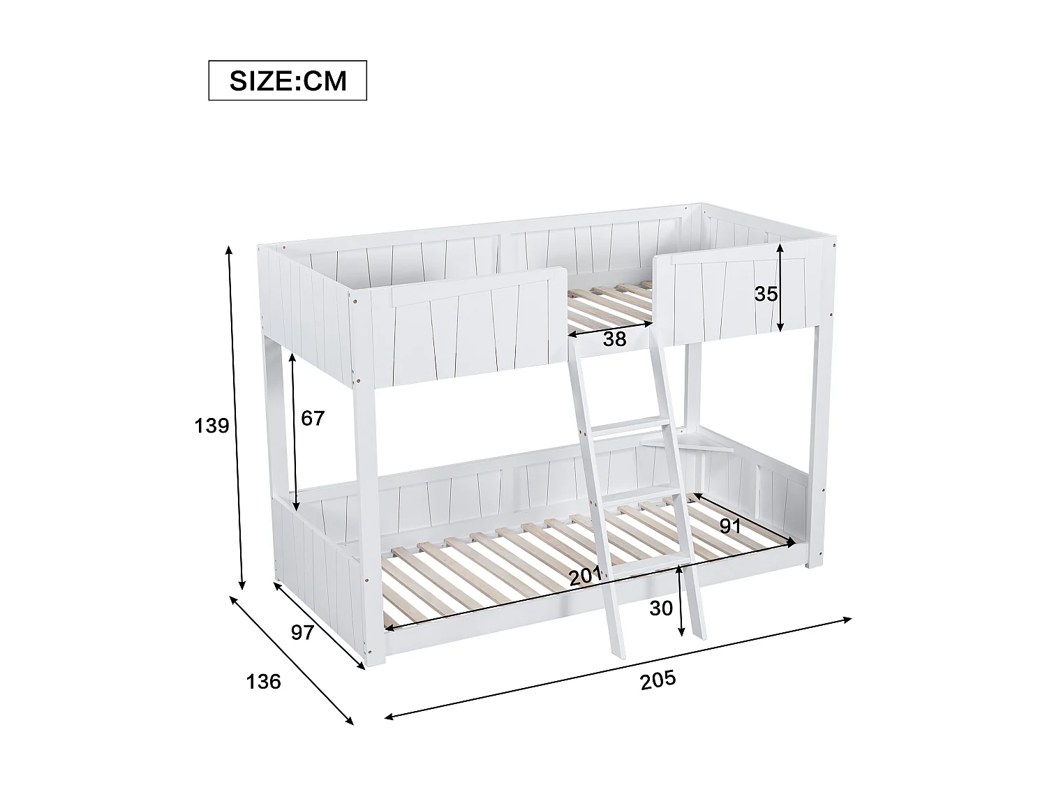 Stapelbedden 2 x 90 x 200 cm met ladder en veiligheidsbarrières - grenen + MDF - wit (zonder matras)