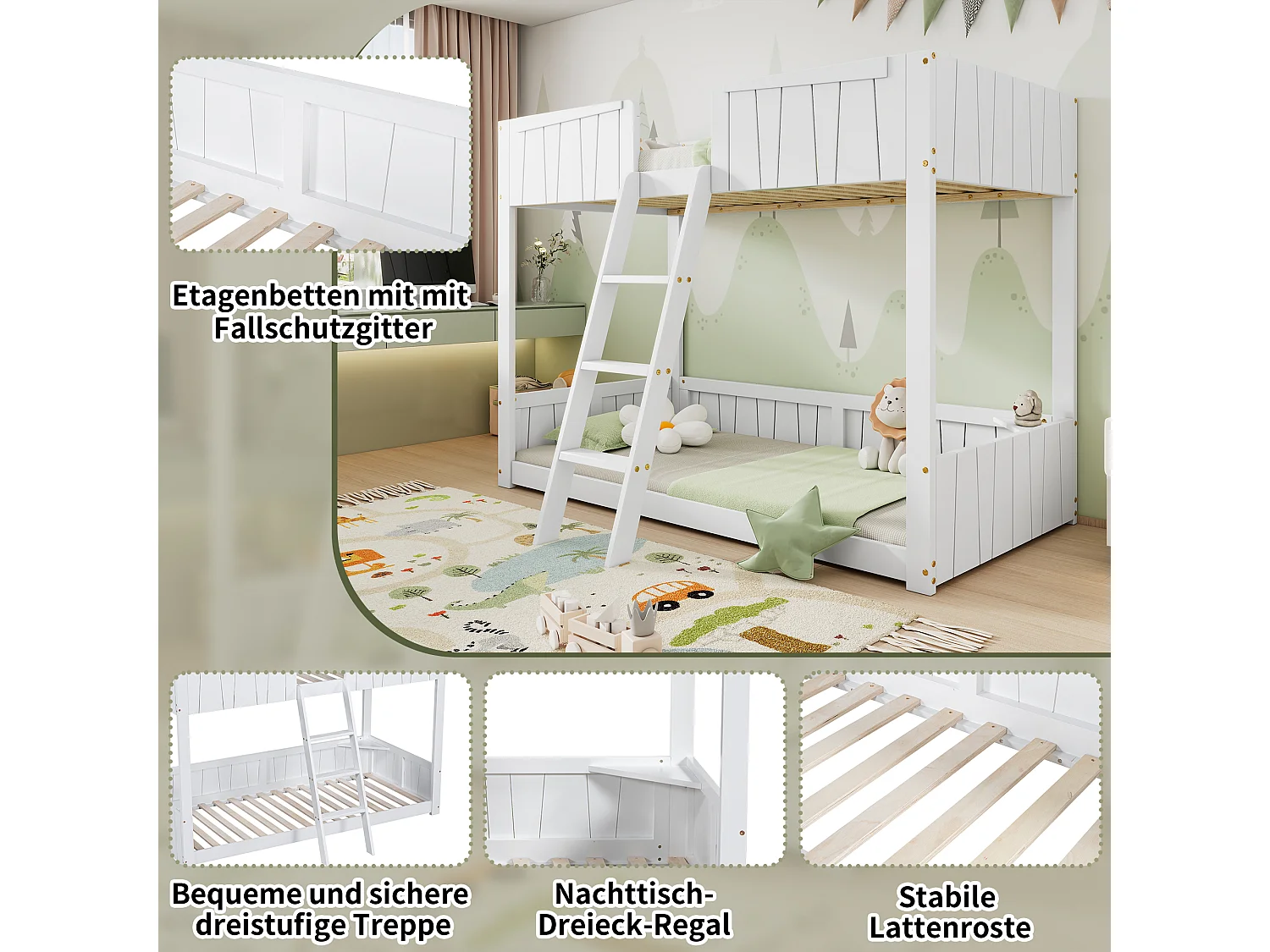Stapelbedden 2 x 90 x 200 cm met ladder en veiligheidsbarrières - grenen + MDF - wit (zonder matras)