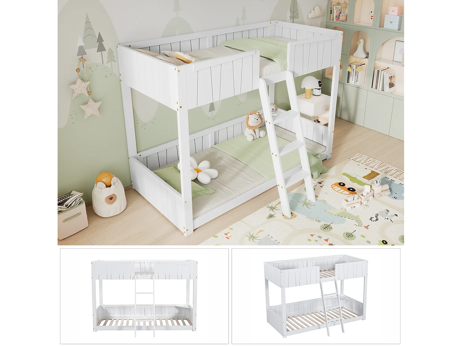 Stapelbedden 2 x 90 x 200 cm met ladder en veiligheidsbarrières - grenen + MDF - wit (zonder matras)