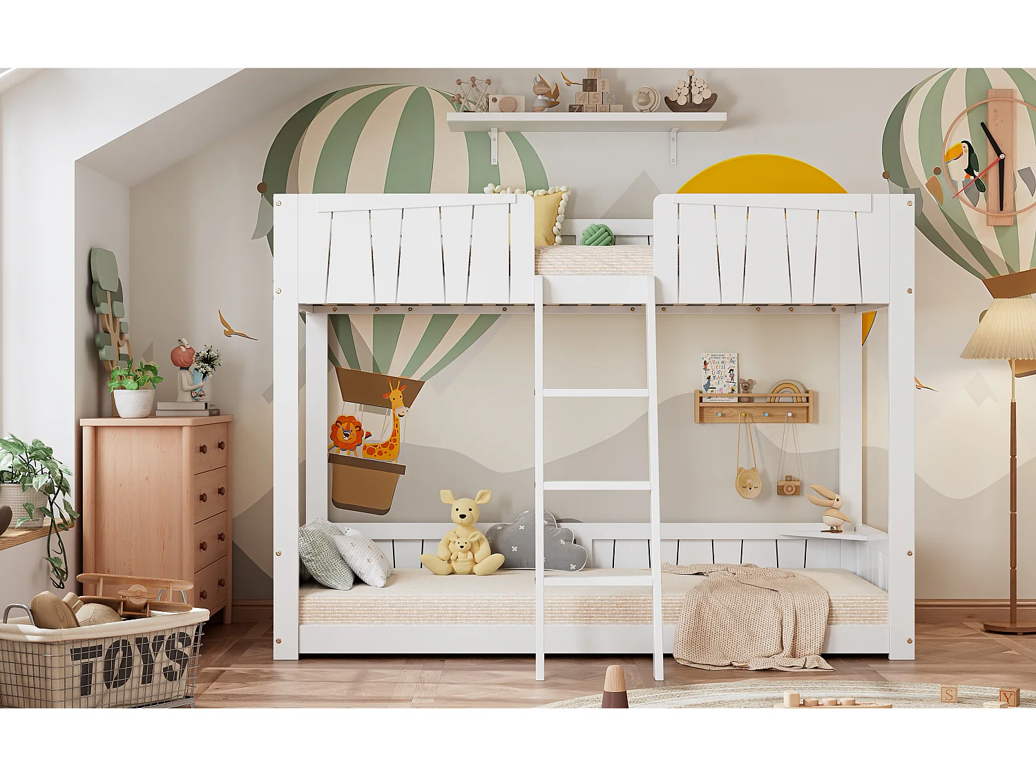 Stapelbedden 2 x 90 x 200 cm met ladder en veiligheidsbarrières - grenen + MDF - wit (zonder matras)