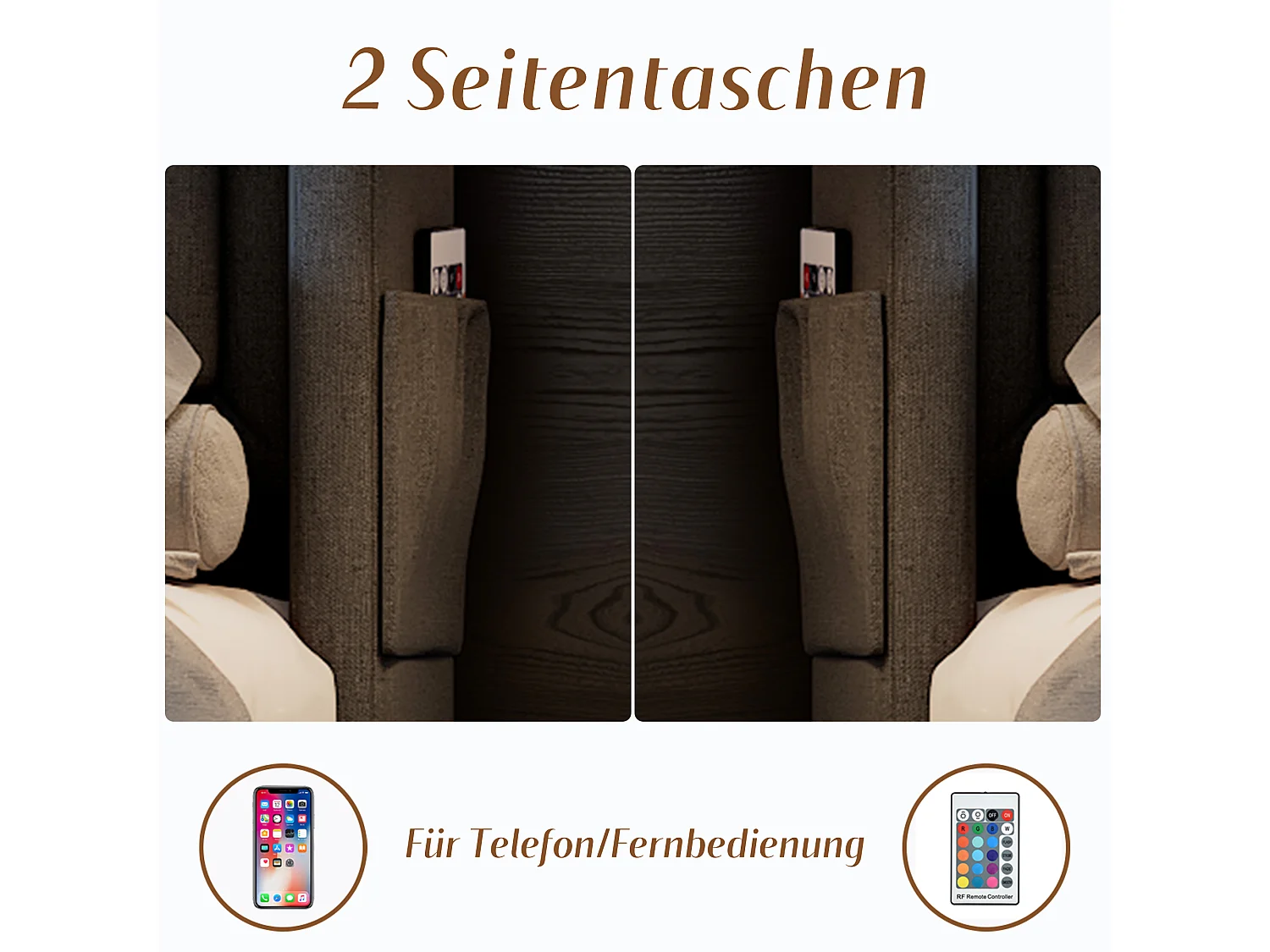 Letto contenitore 140 x 200 cm con testiera LED, presa USB Type-C - Tessuto Cotone - Grigio (senza materasso)