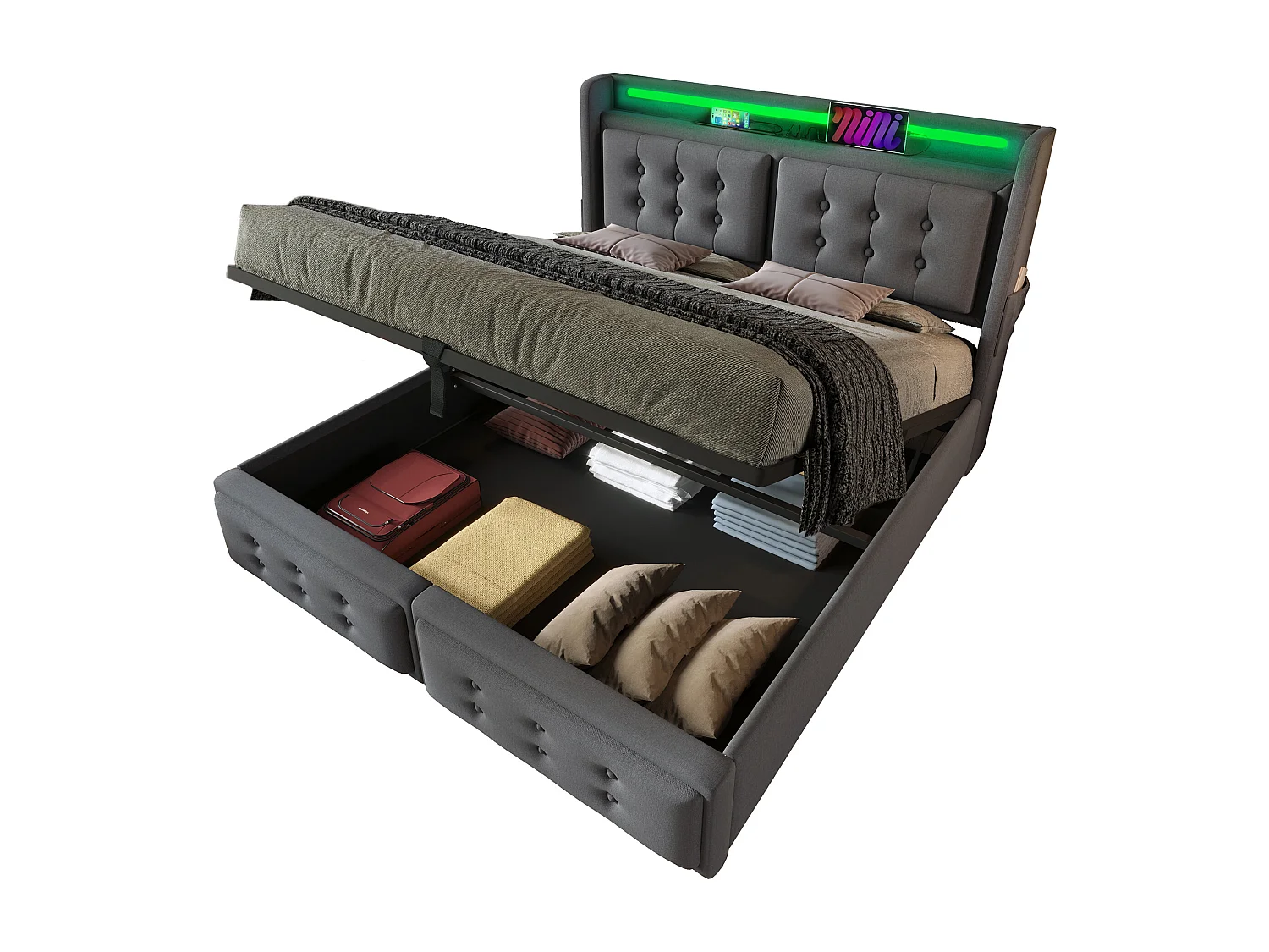 Letto contenitore 140 x 200 cm con testiera LED, presa USB Type-C - Tessuto Cotone - Grigio (senza materasso)