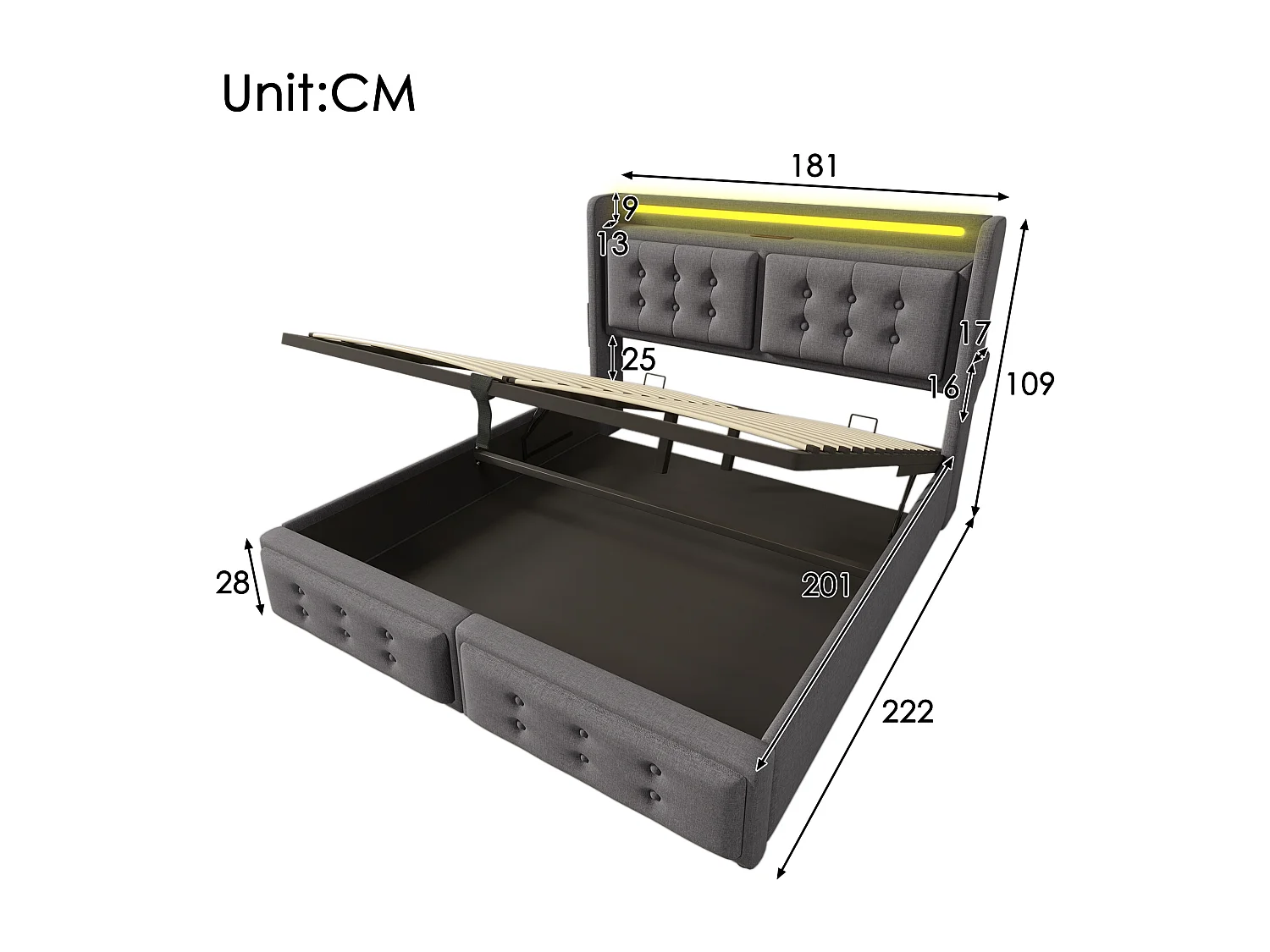 Cama contenedor 180 x 200 cm con cabecero LED, toma USB tipo C - Tejido de algodón - Gris (sin colchón)