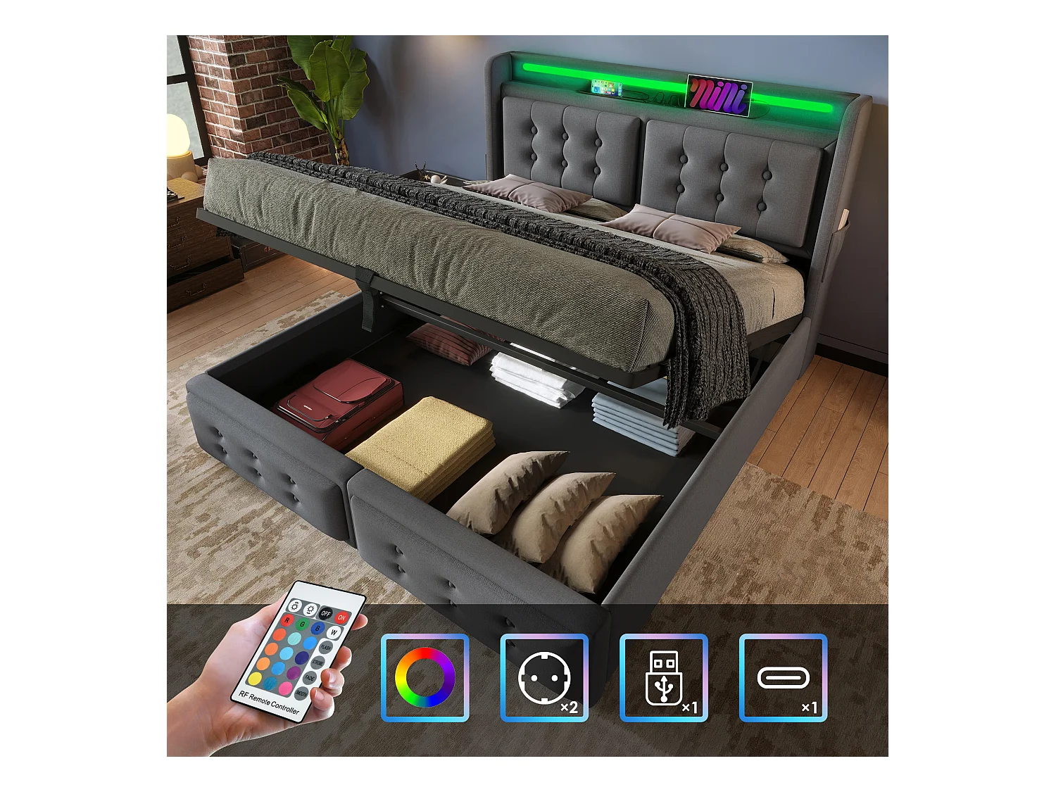 Lit coffre 180 x 200 cm avec tête de lit LED, prise USB Type-C - Tissu en coton - Gris (sans matelas)