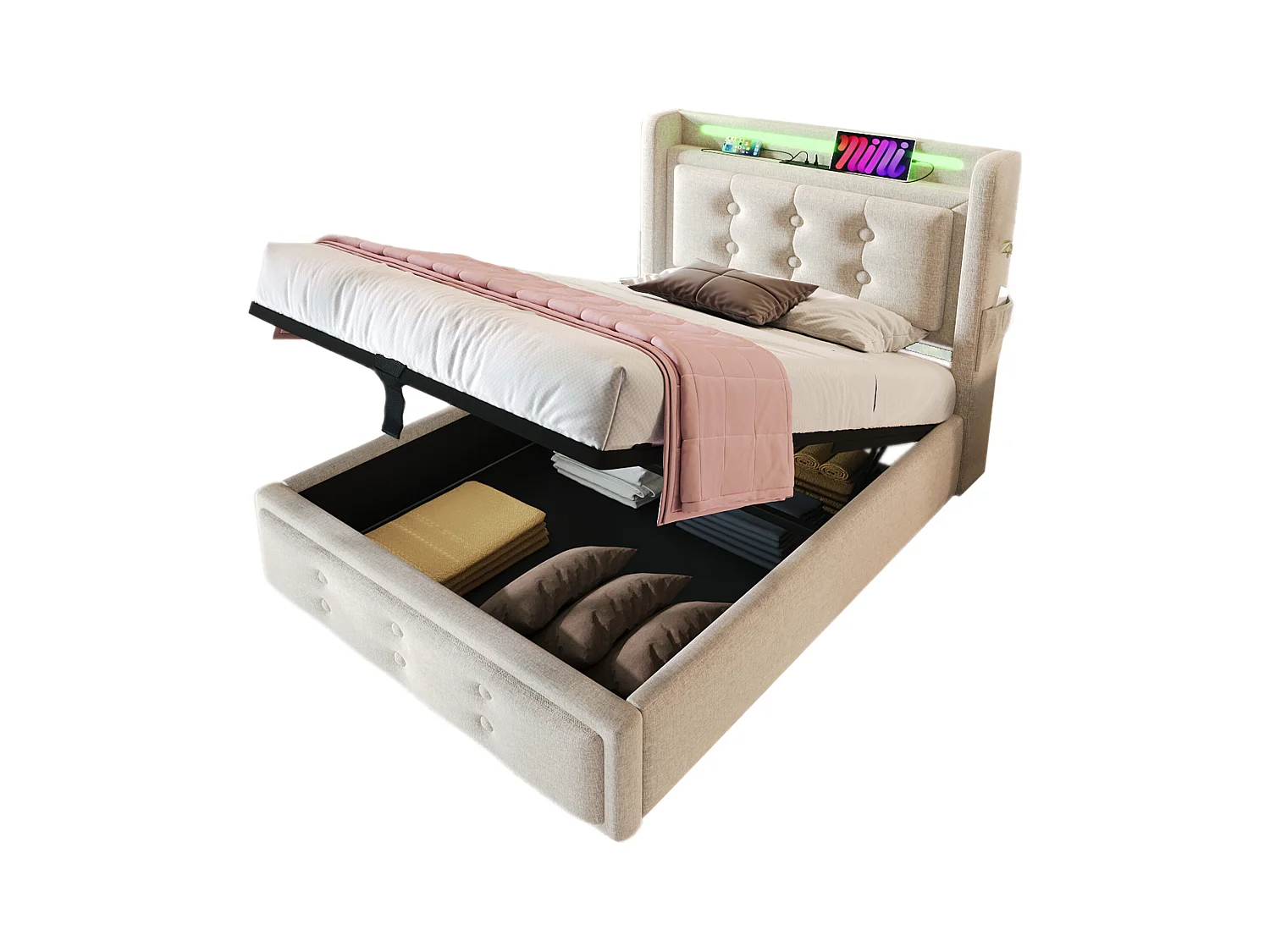 Lit coffre 90 x 200 cm avec tête de lit LED, prise USB Type-C - Tissu en coton - Beige (sans matelas)