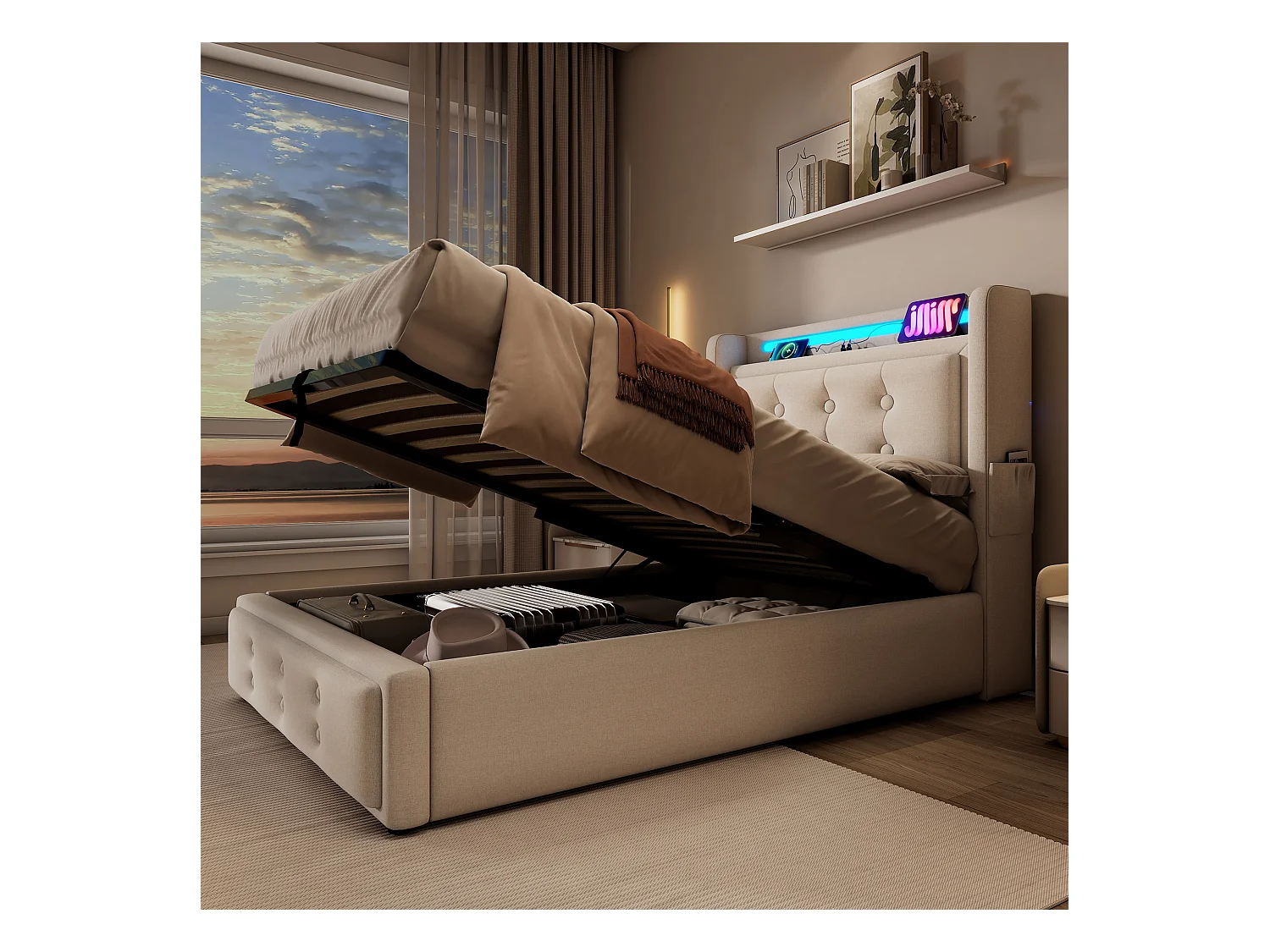 Lit coffre 90 x 200 cm avec tête de lit LED, prise USB Type-C - Tissu en coton - Beige (sans matelas)
