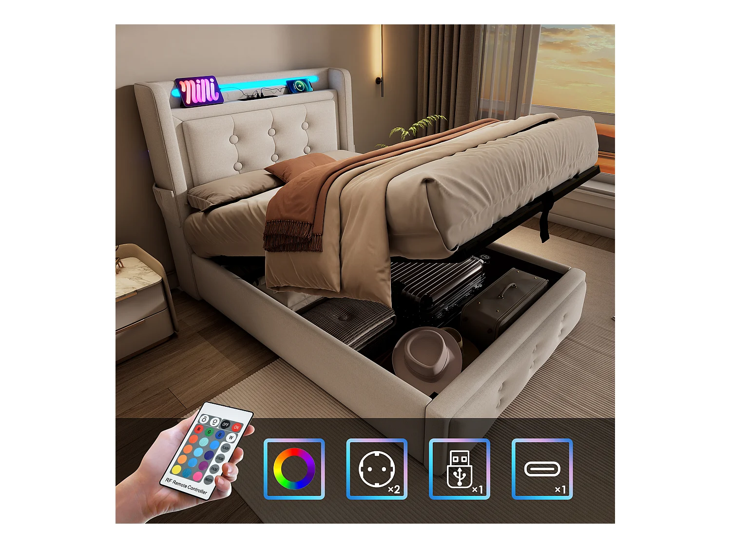 Lit coffre 90 x 200 cm avec tête de lit LED, prise USB Type-C - Tissu en coton - Beige (sans matelas)