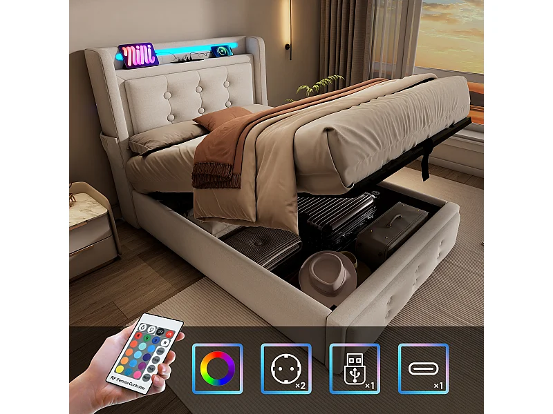 Letto contenitore 90 x 200 cm con testiera LED, presa USB Type-C - Tessuto in cotone - Beige (senza materasso)