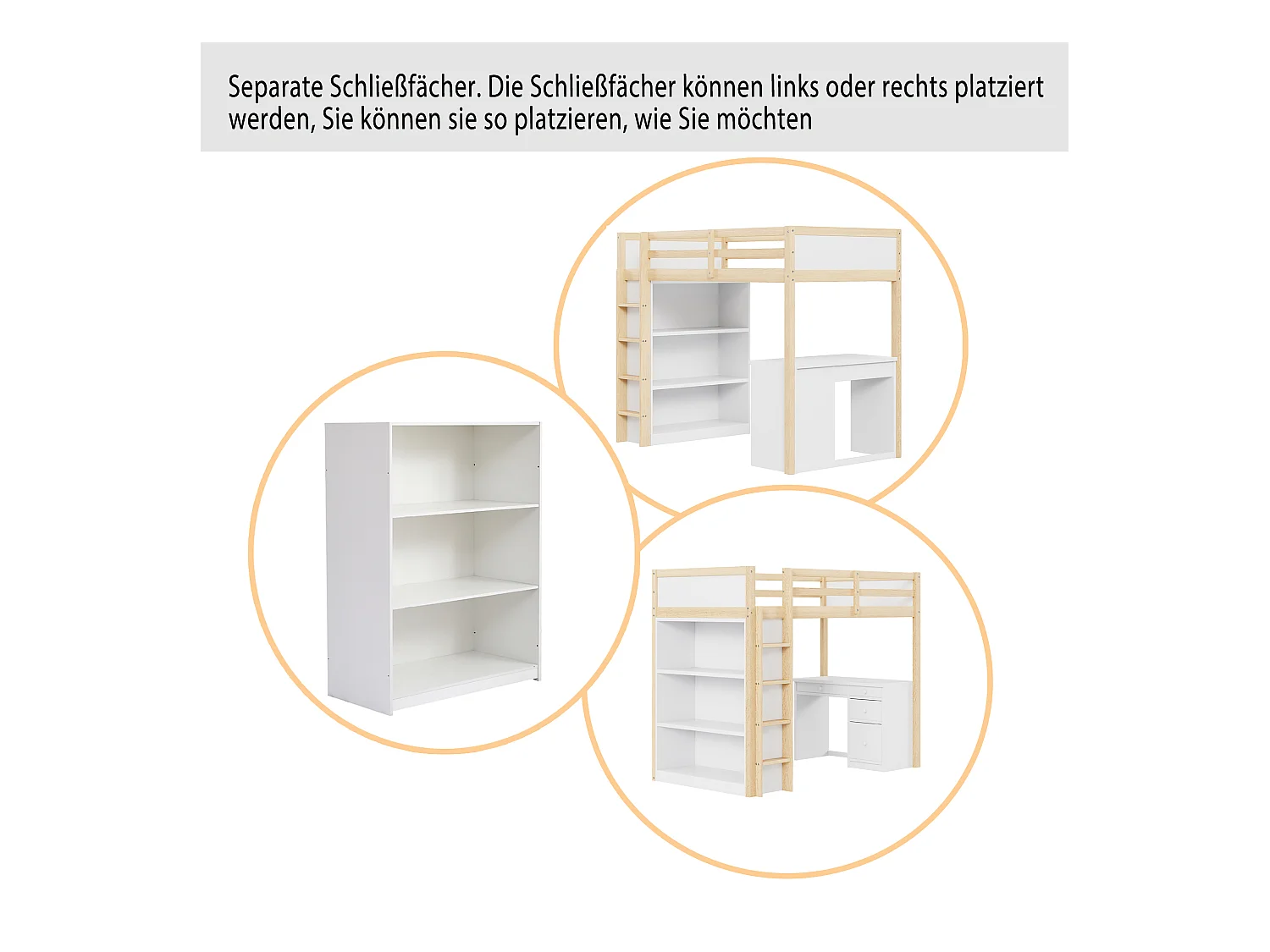 Hoogslaper 90 x 200 cm met opbergkast en computerbureau - massief hout en MDF - naturel en wit (zonder matras)